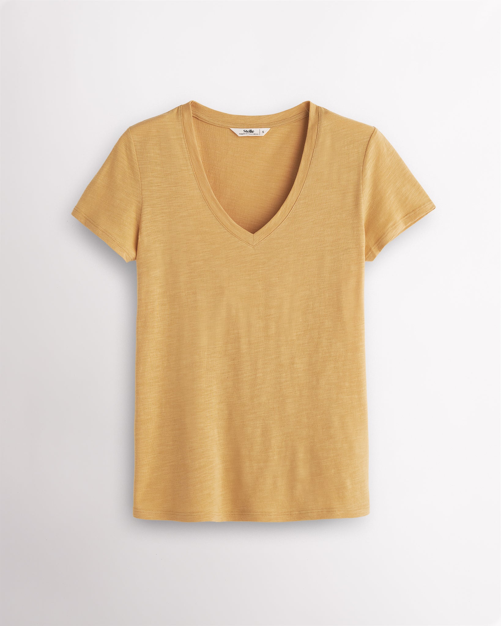 Mustard short sleeve slub V-neck T-shirt for women with a relaxed fit, soft cotton-modal fabric, and classic everyday style.