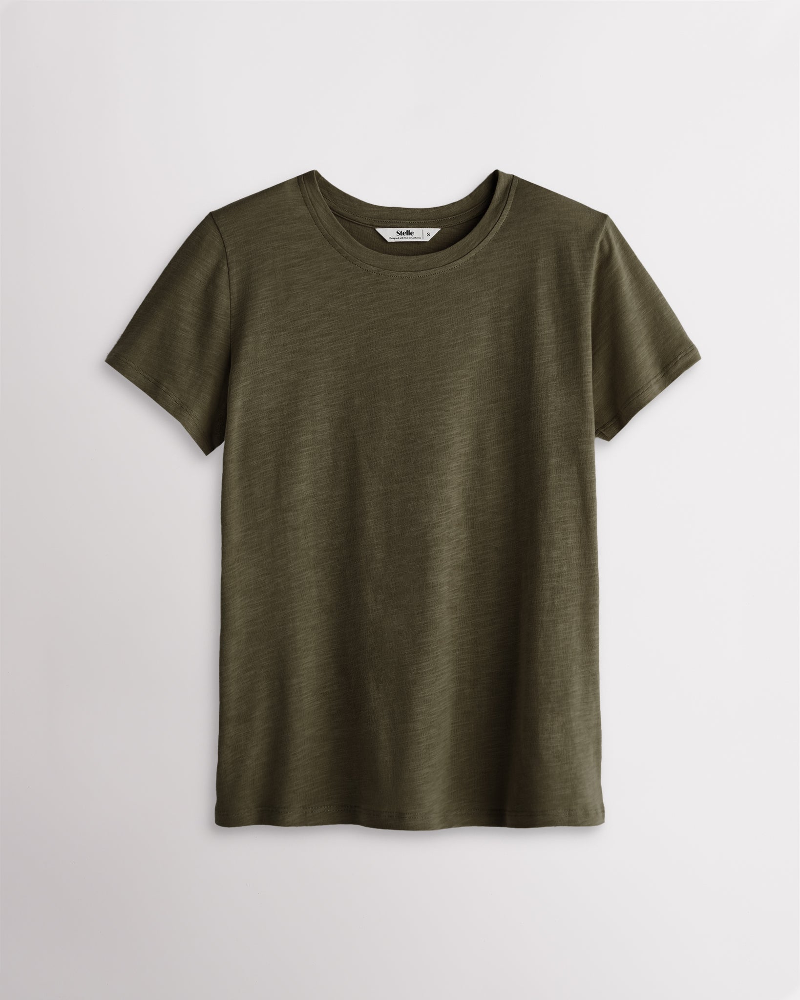 Women’s olive green classic short sleeve crewneck T-shirt with a relaxed fit, soft drape, and clean everyday silhouette.