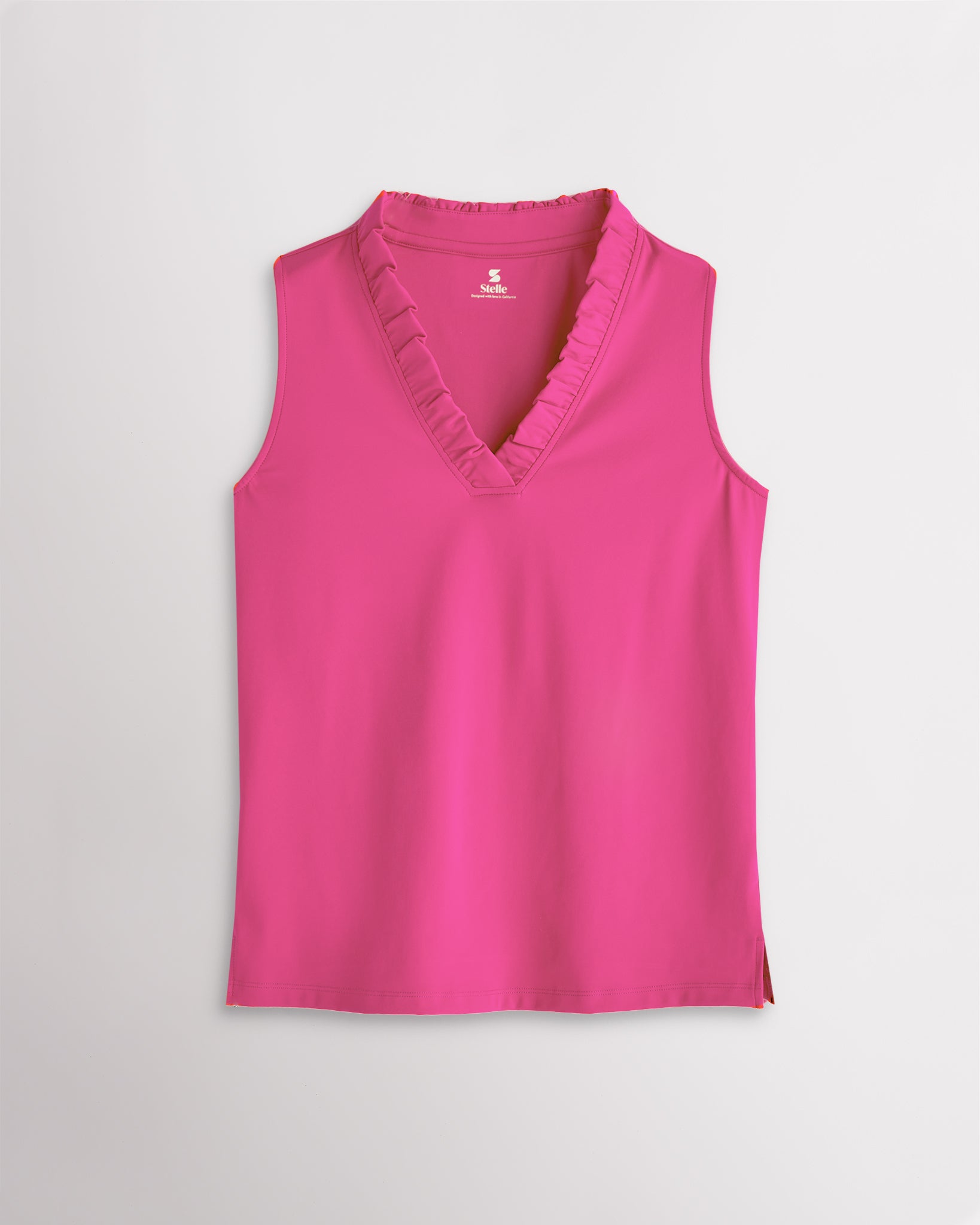 Pink Stelle womens sleeveless polo shirt with ruffled V-neckline, classic fit, and side slit hem.