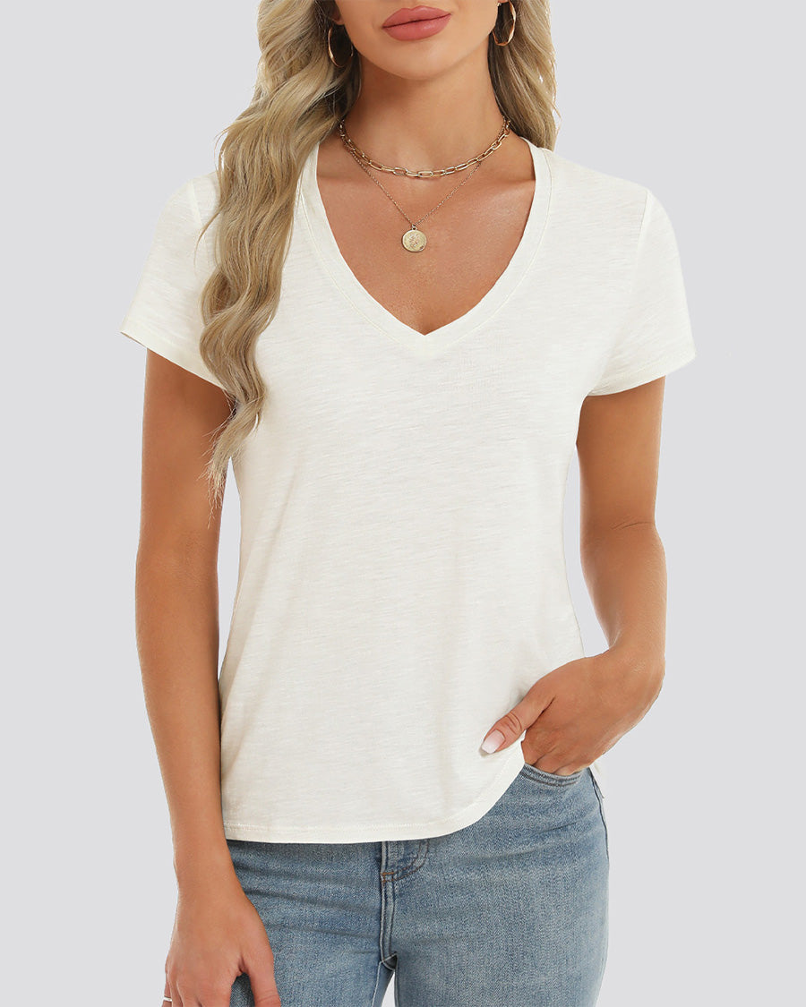 Women's Short Sleeve Slub V-Neck T-Shirt in Creme