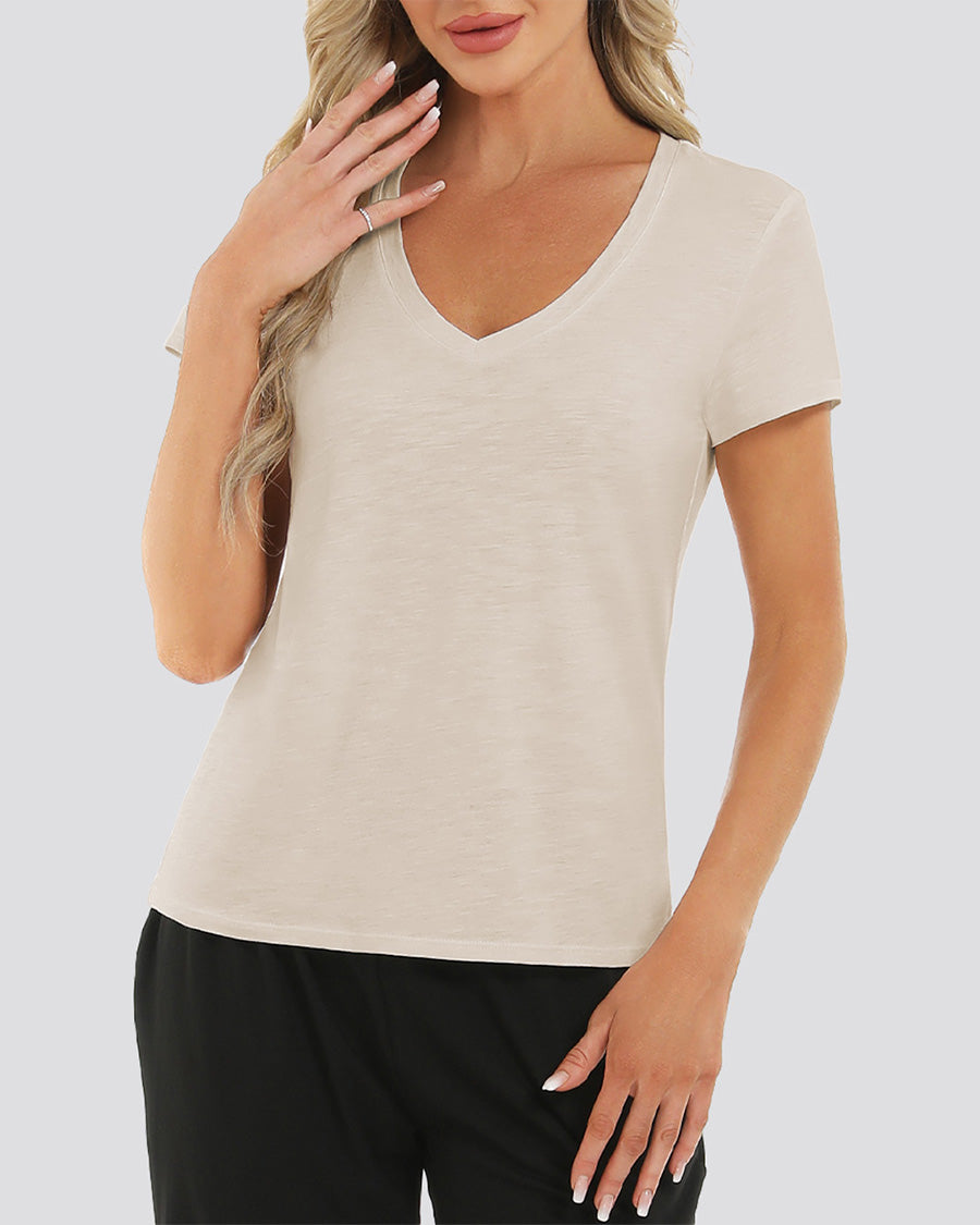 Women's Short Sleeve Slub V-Neck T-Shirt in Oat Milk