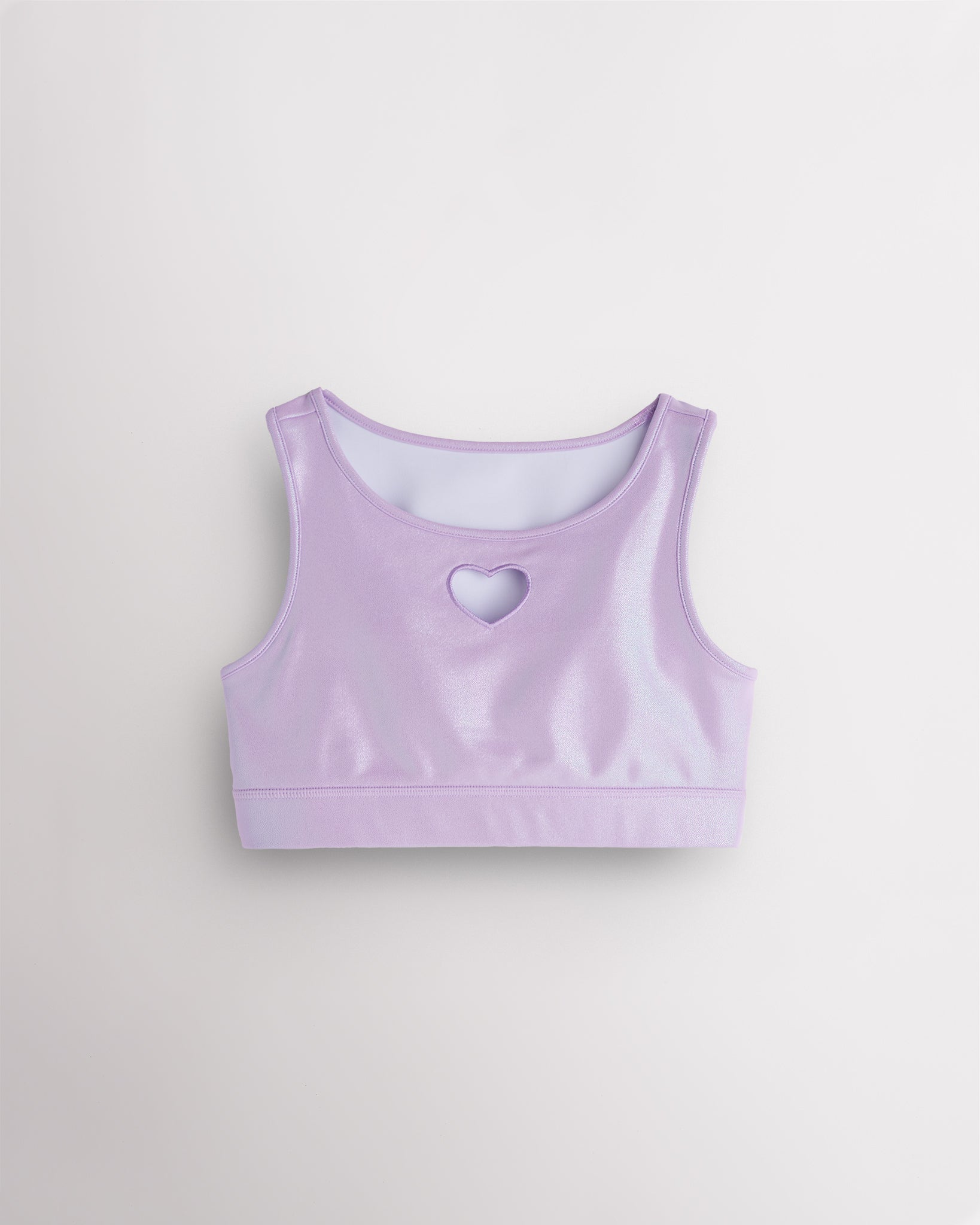 Lavender girls shimmer heart crop top with sleeveless tank design, round neckline, and iridescent finish.