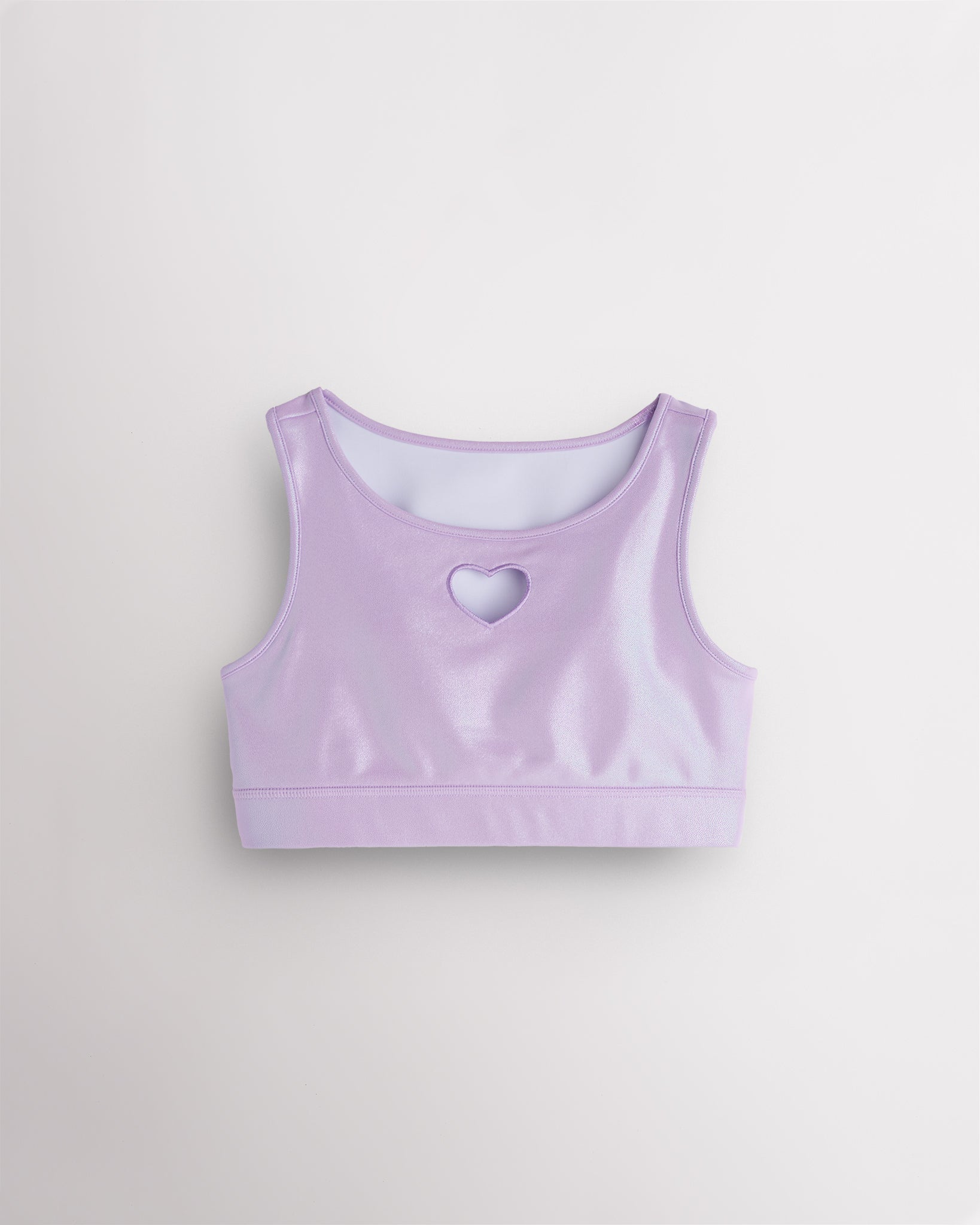 Lavender girls shimmer heart crop top with sleeveless tank design, round neckline, and iridescent finish.