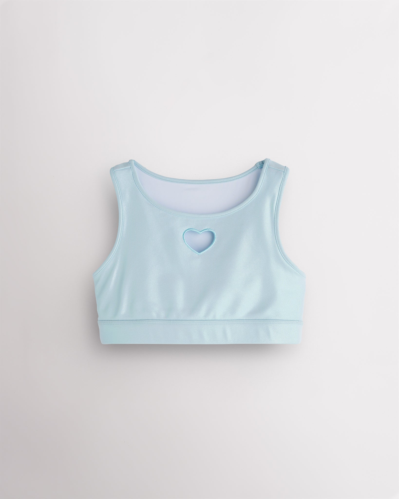 Light Blue girls shimmer heart crop top with sleeveless tank design, round neckline, and iridescent finish.