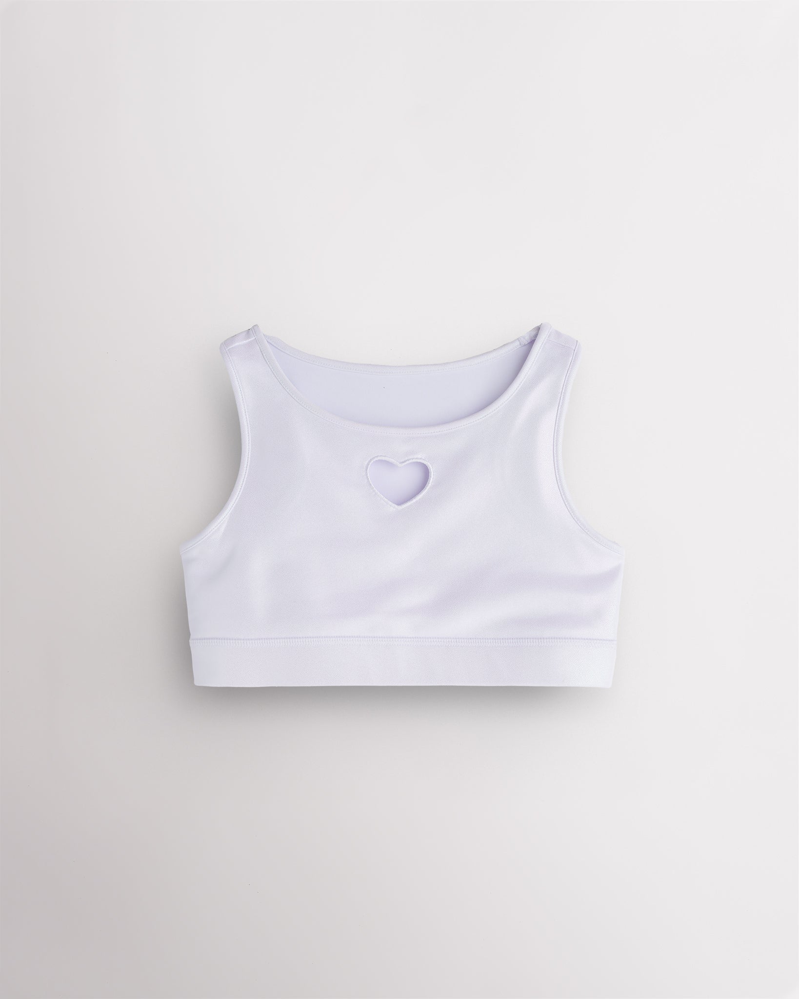 White girls shimmer heart crop top with sleeveless tank design, round neckline, and iridescent finish.