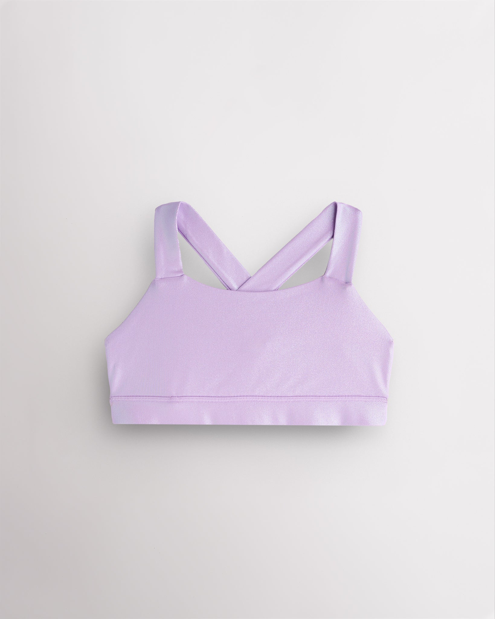 Lavender metallic girls tank top with iridescent shimmer finish and wide straps, designed for dance and casual wear.