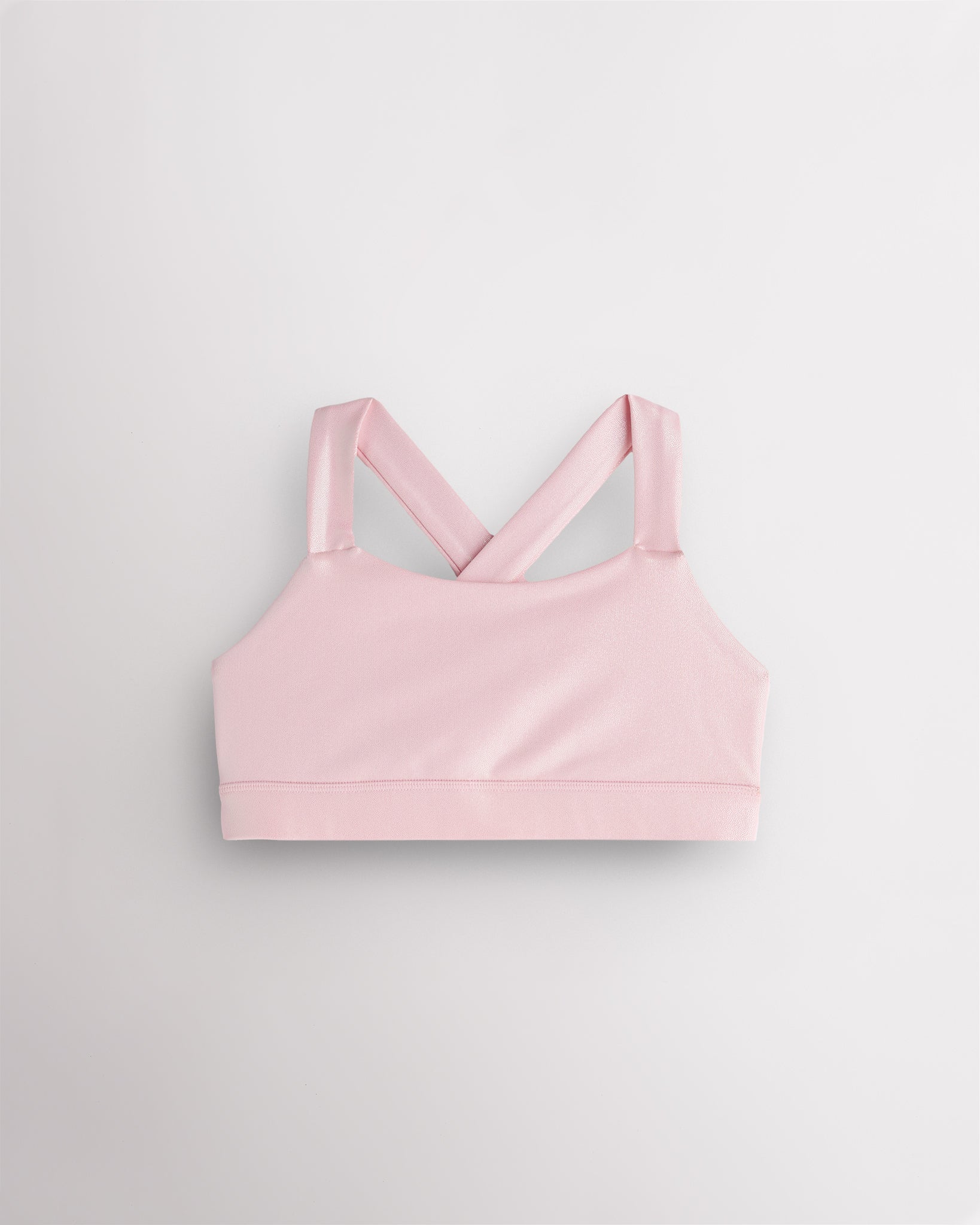 Pink metallic girls tank top with iridescent shimmer finish and wide straps, designed for dance and casual wear.