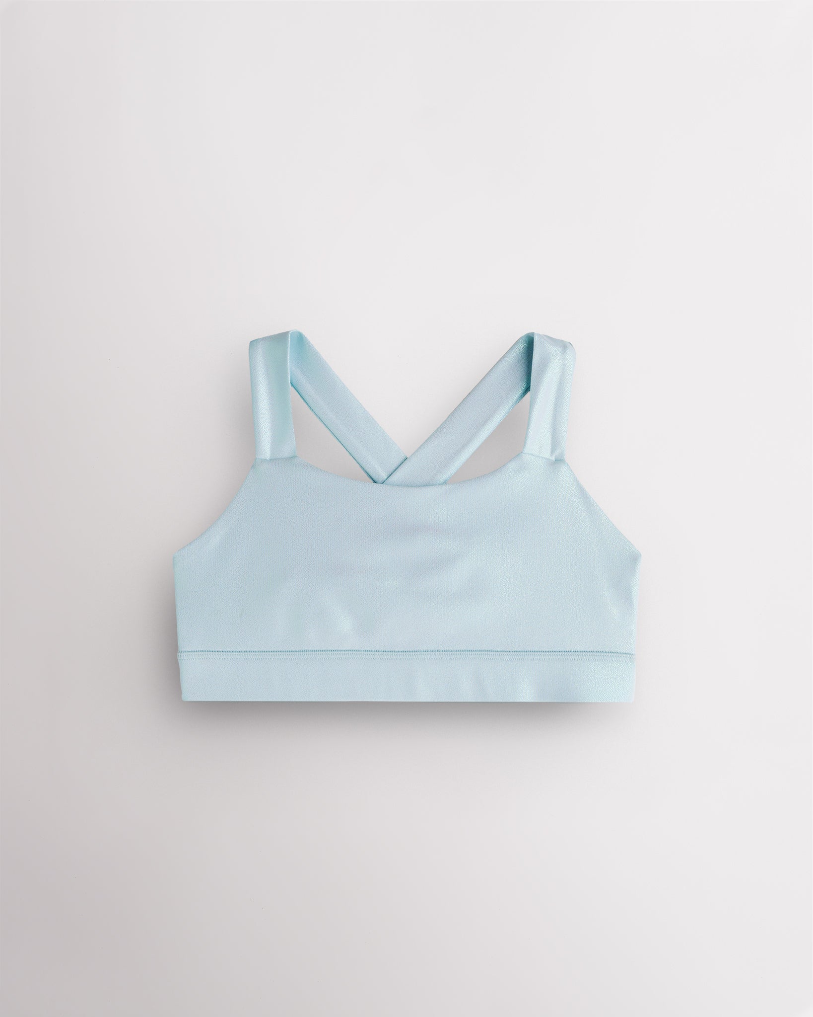 Light Blue metallic girls tank top with iridescent shimmer finish and wide straps, designed for dance and casual wear.