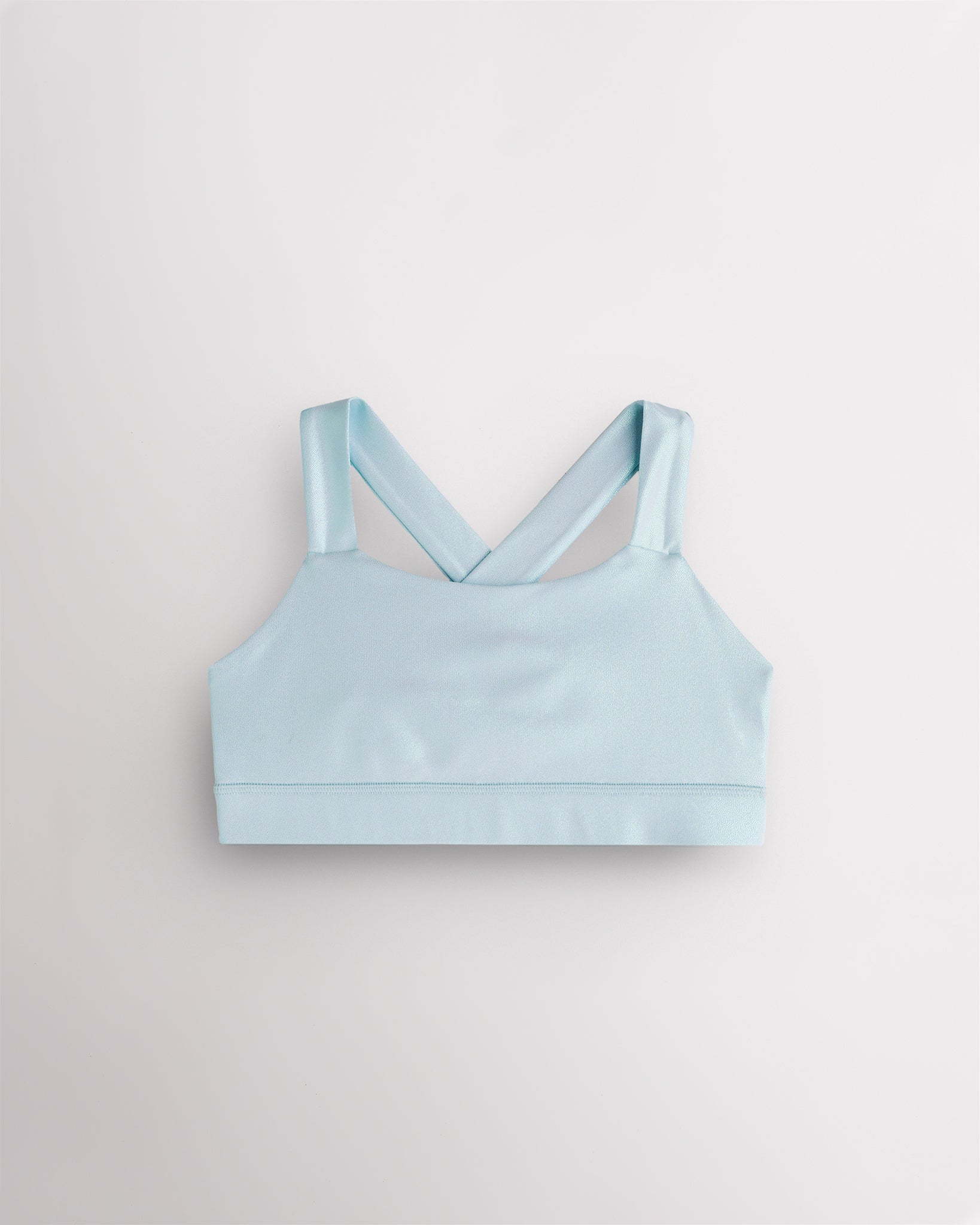 Light Blue metallic girls tank top with iridescent shimmer finish and wide straps, designed for dance and casual wear.