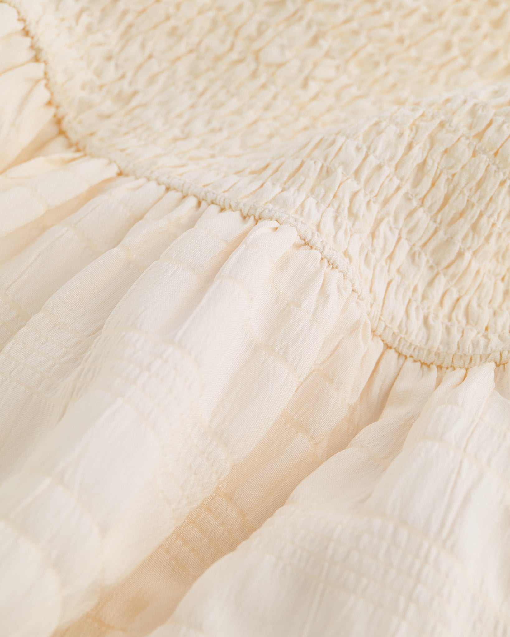 Close-up of butter smocked fabric and gathered waist detail on Stelle girls dress.