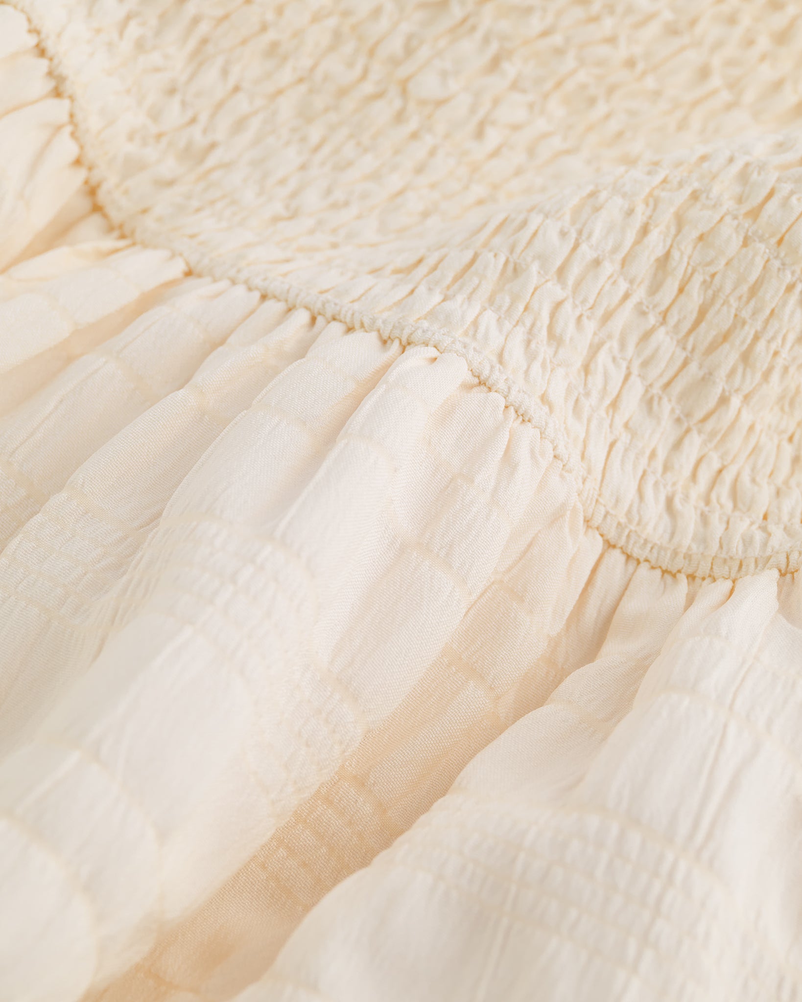 Close-up of butter smocked fabric and gathered waist detail on Stelle girls dress.
