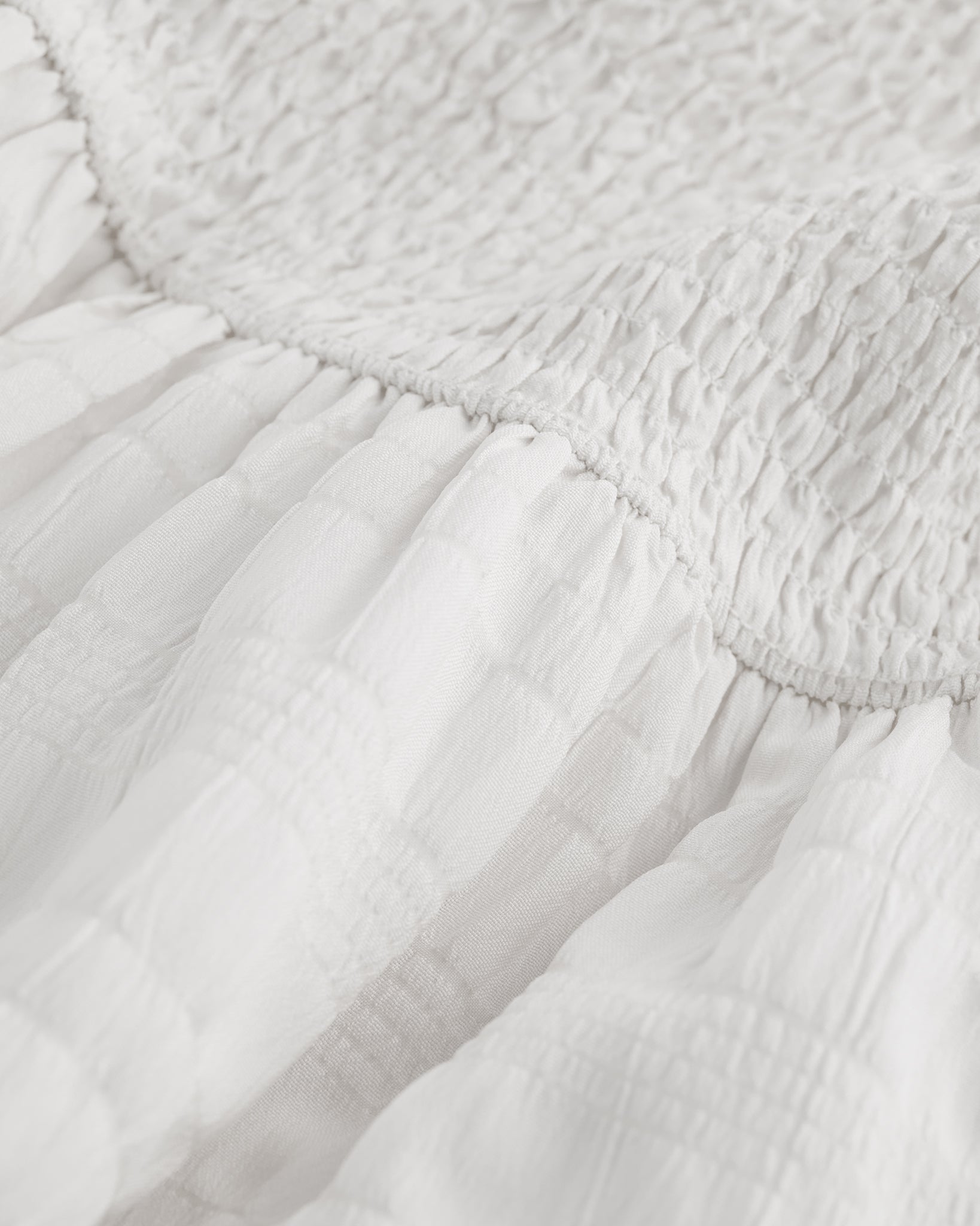 Close-up of white smocked fabric and gathered waist detail on Stelle girls dress.