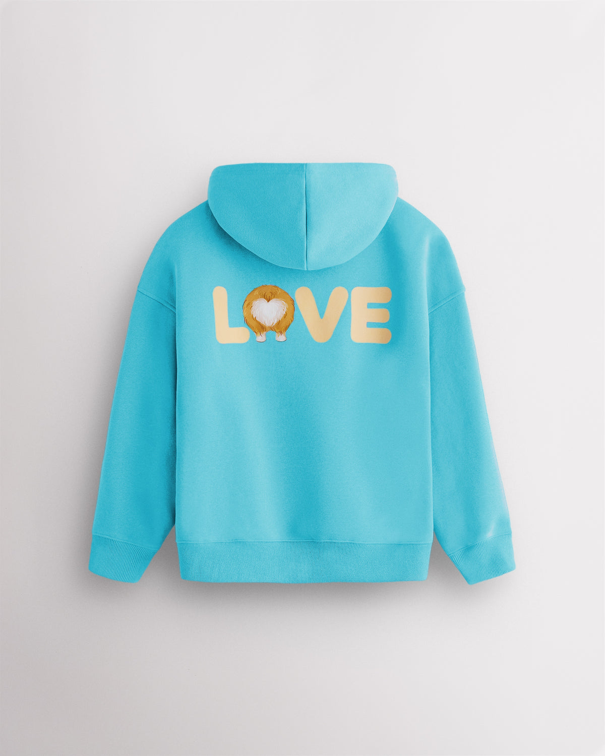 Back view of aqua blue kids puppy hoodie laid flat with relaxed fit and large LOVE corgi graphic.
