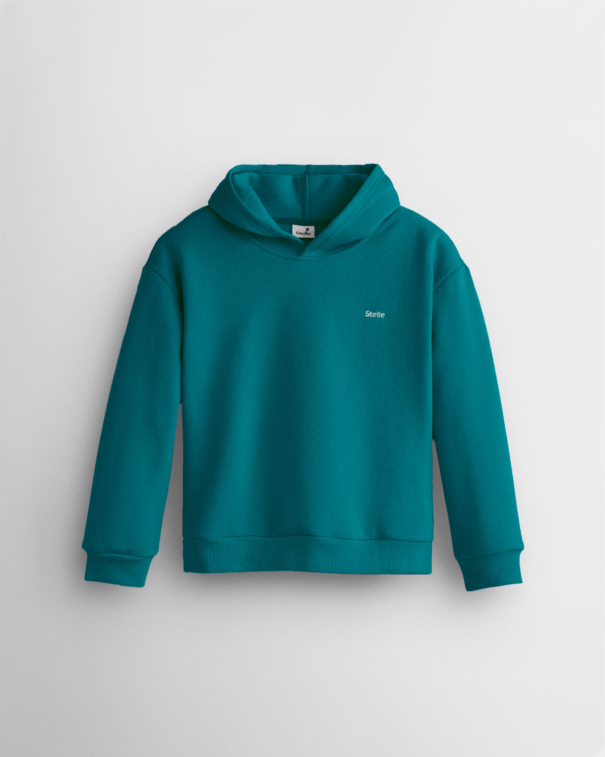 Teal Stelle kids fleece pullover hoodie with a hood, ribbed cuffs and hem.