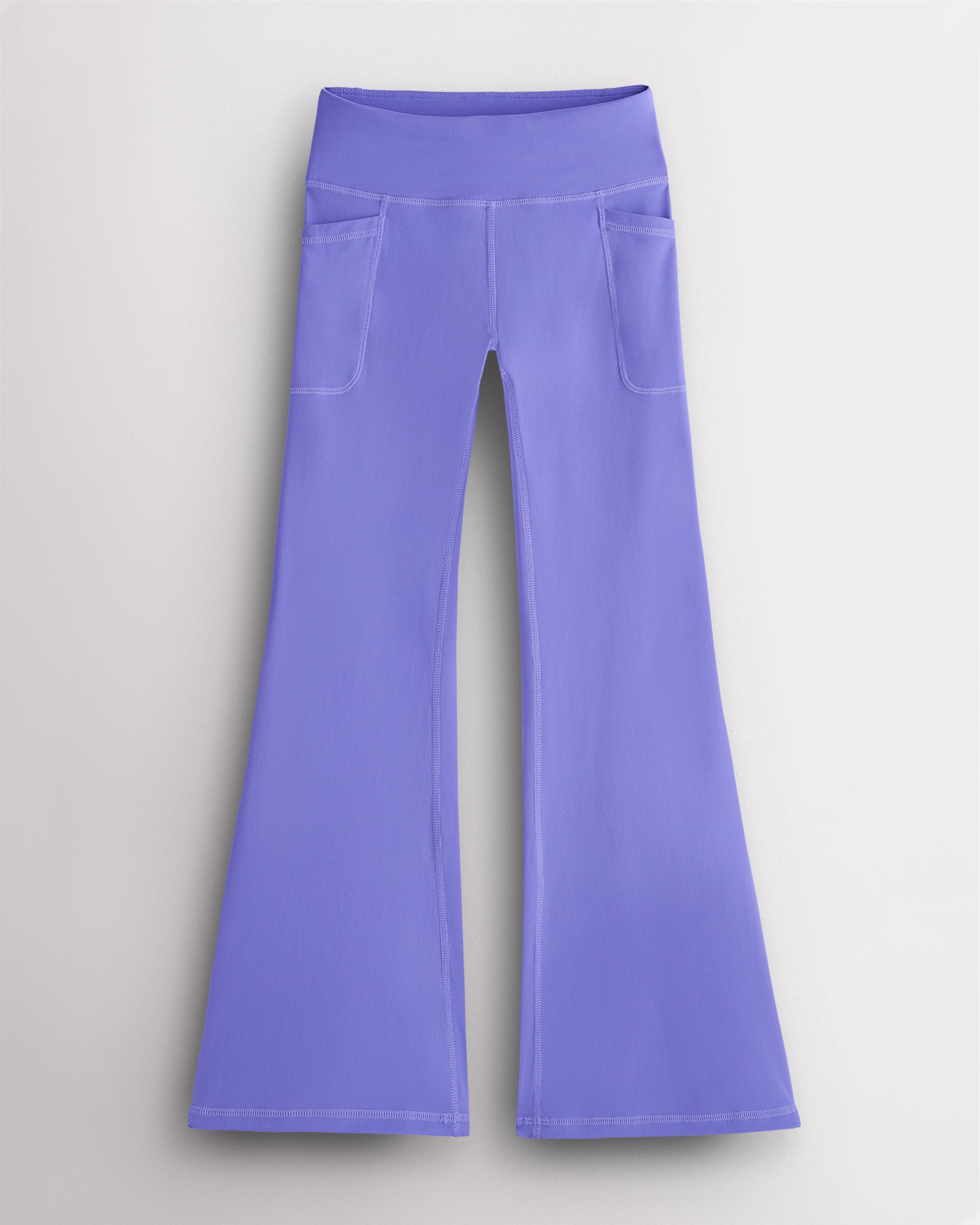 Periwinkle girls flare leggings with high-waisted fit and deep side pockets, comfortable workout leggings for girls