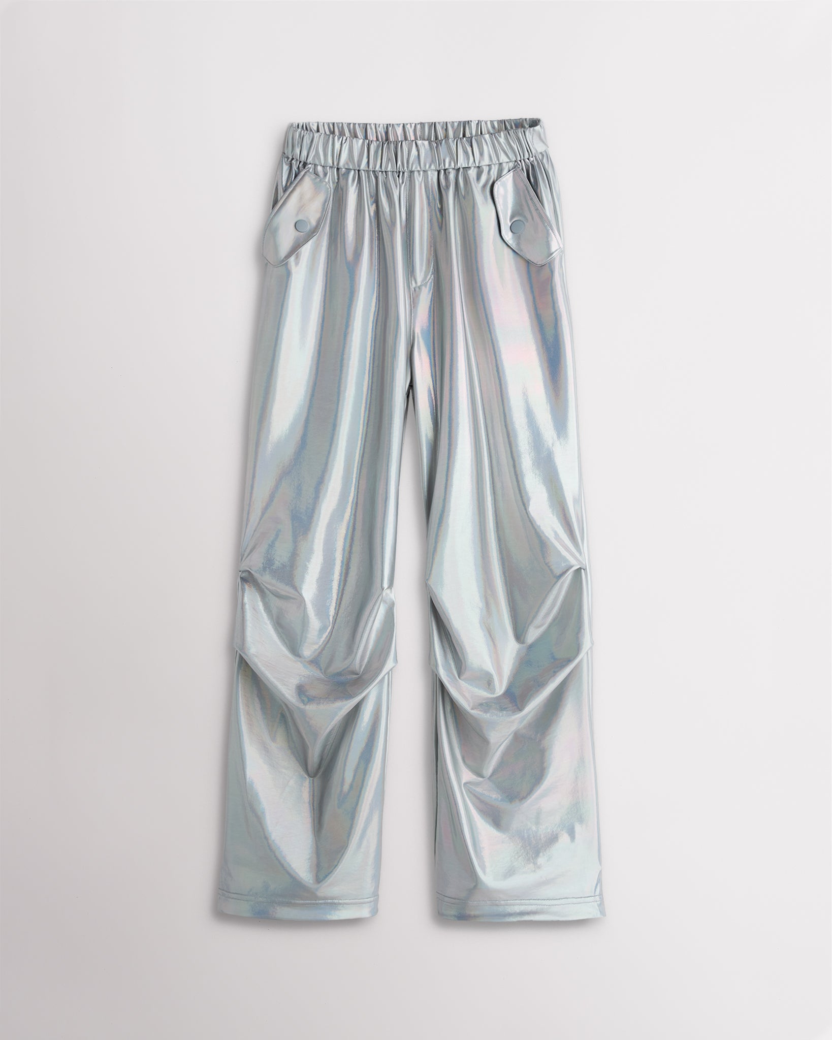 Girls holographic silver metallic cargo pants with a relaxed fit, elastic waistband, flap pockets, and straight wide-leg silhouette.