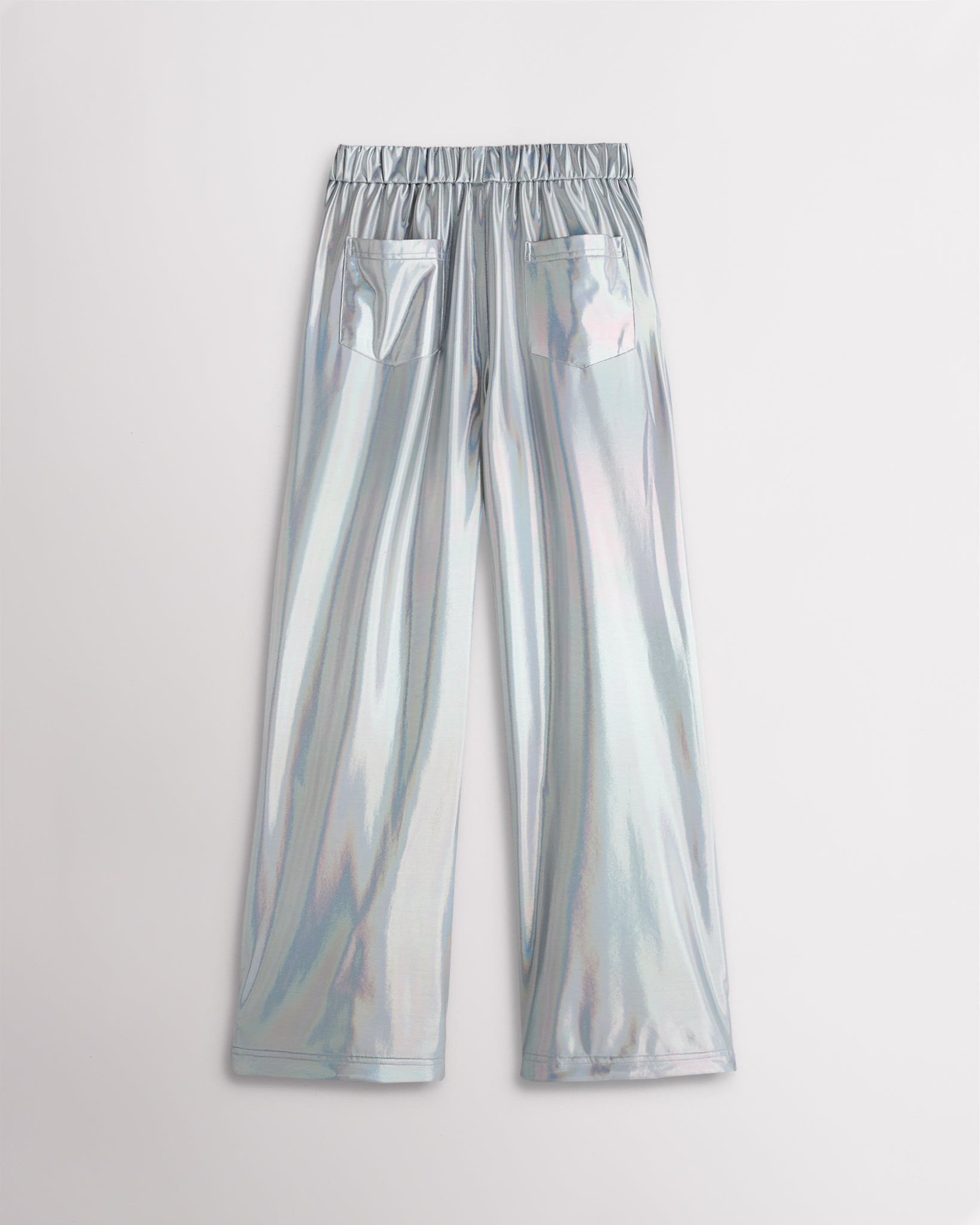 Girls holographic silver metallic cargo pants with a relaxed fit, elastic waistband, flap pockets, and straight wide-leg silhouette.