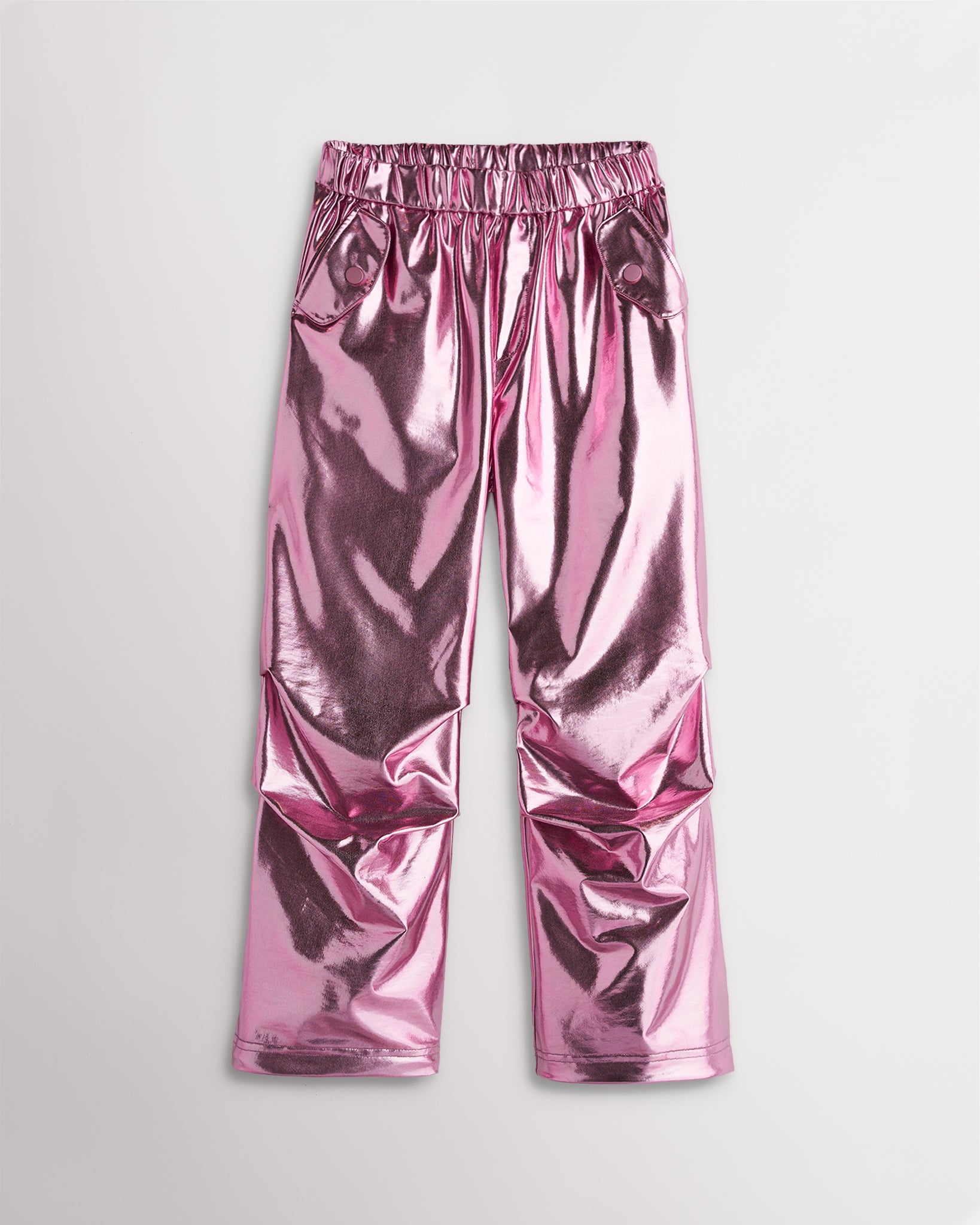 Girls metal pink metallic cargo pants with a relaxed fit, elastic waistband, flap pockets, and straight wide-leg silhouette.