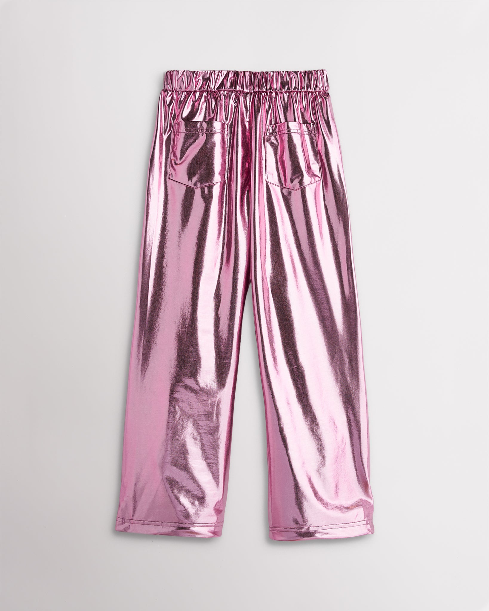Girls metal pink metallic cargo pants with a relaxed fit, elastic waistband, flap pockets, and straight wide-leg silhouette.