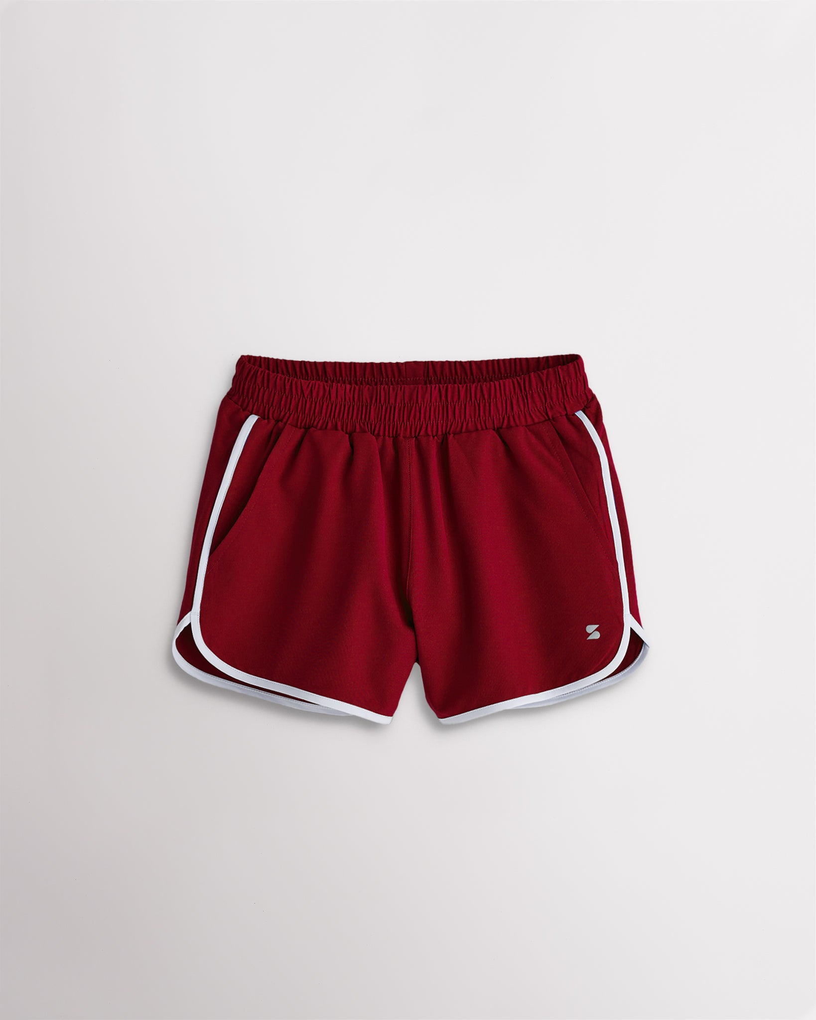Girls crimson athletic shorts with white trim, a stretchy elastic waistband, curved hems, and lightweight sporty design.