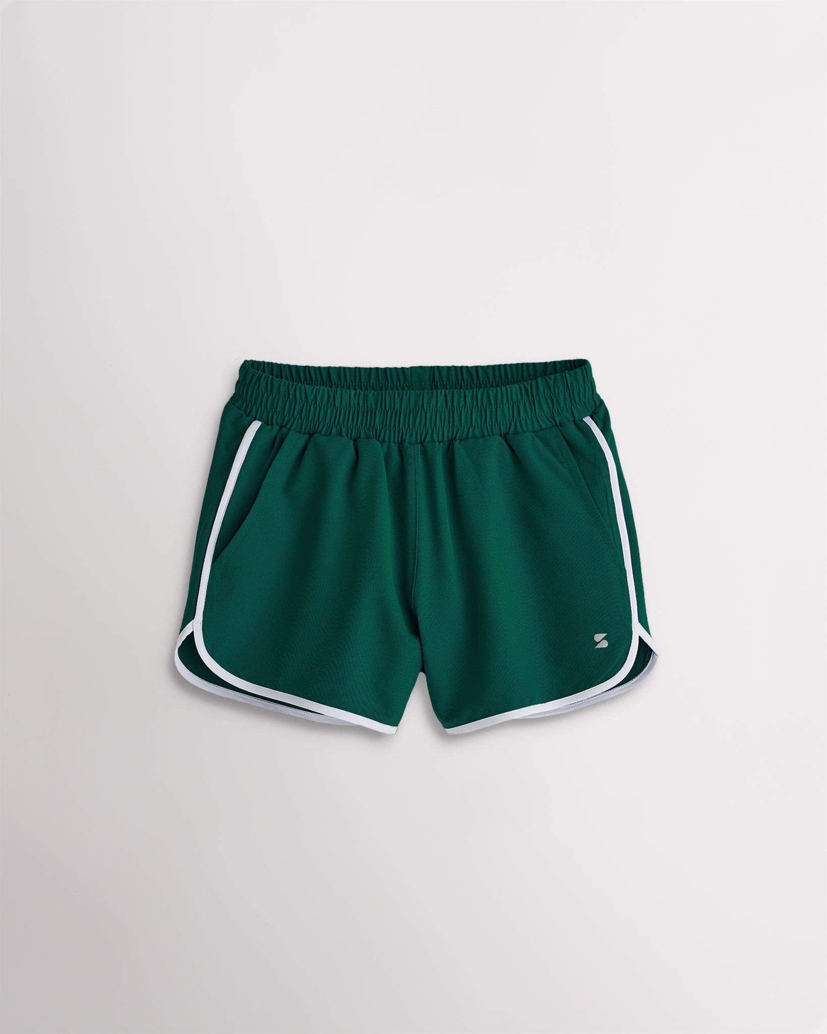 Girls evergreen athletic shorts with white trim, a stretchy elastic waistband, curved hems, and lightweight sporty design.