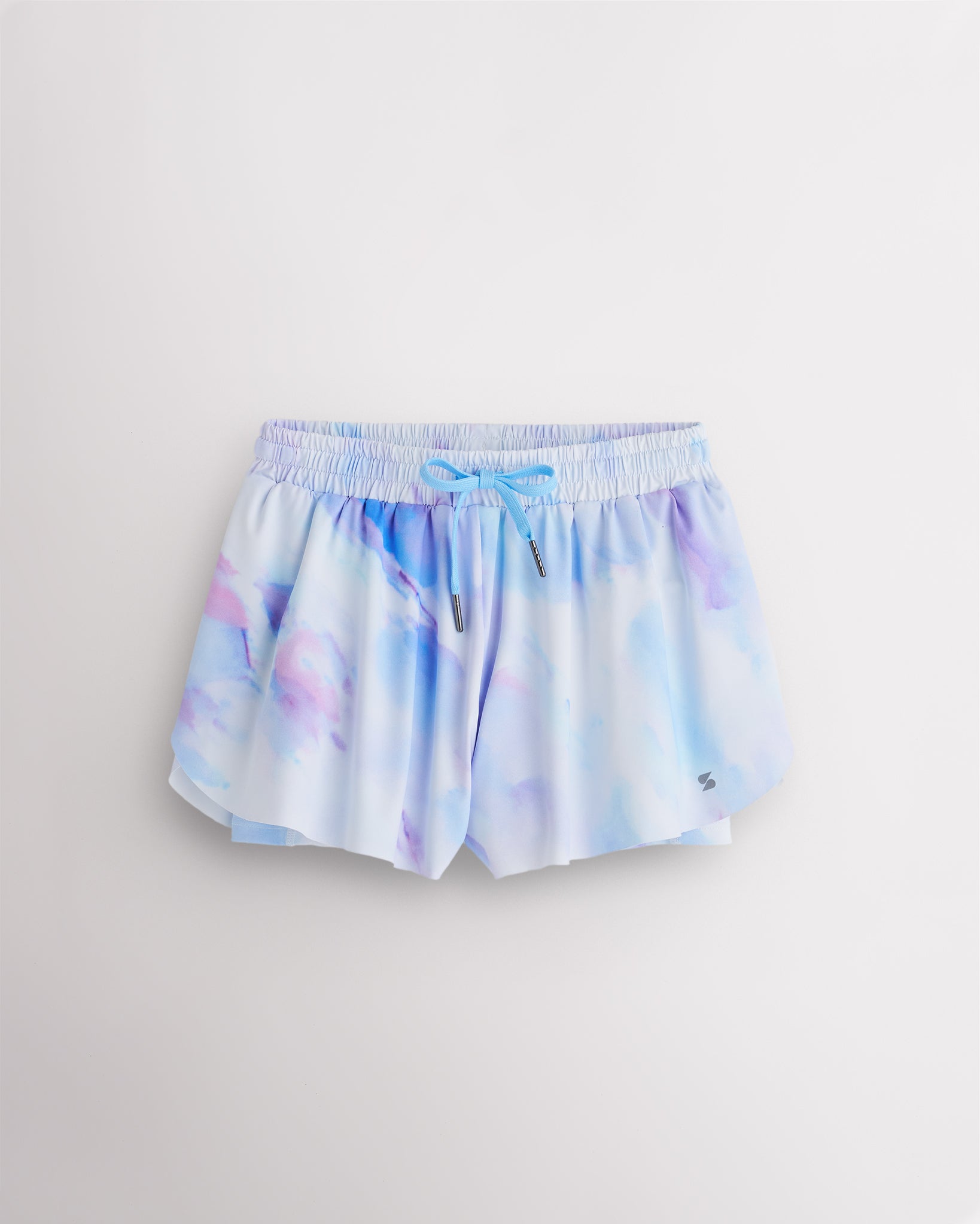 Lilac Sky girls flowy shorts with elastic waistband, pink drawstring, and layered 2-in-1 design.
