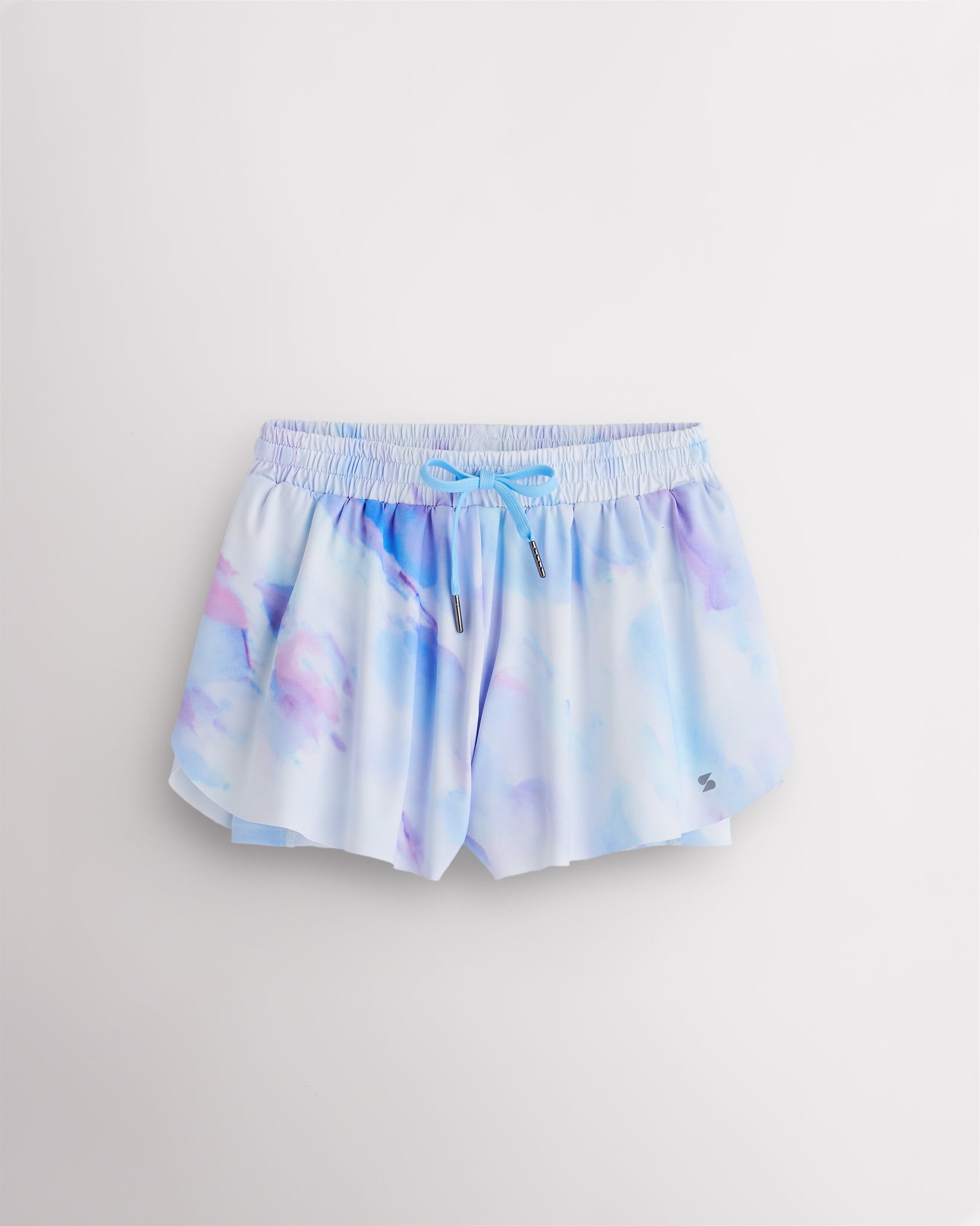 Lilac Sky girls flowy shorts with elastic waistband, pink drawstring, and layered 2-in-1 design.