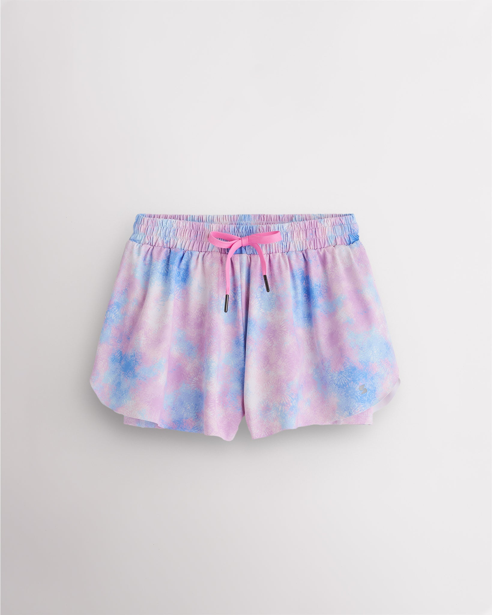 Tie Dye Marshmallow girls flowy shorts with elastic waistband, pink drawstring, and layered 2-in-1 design.