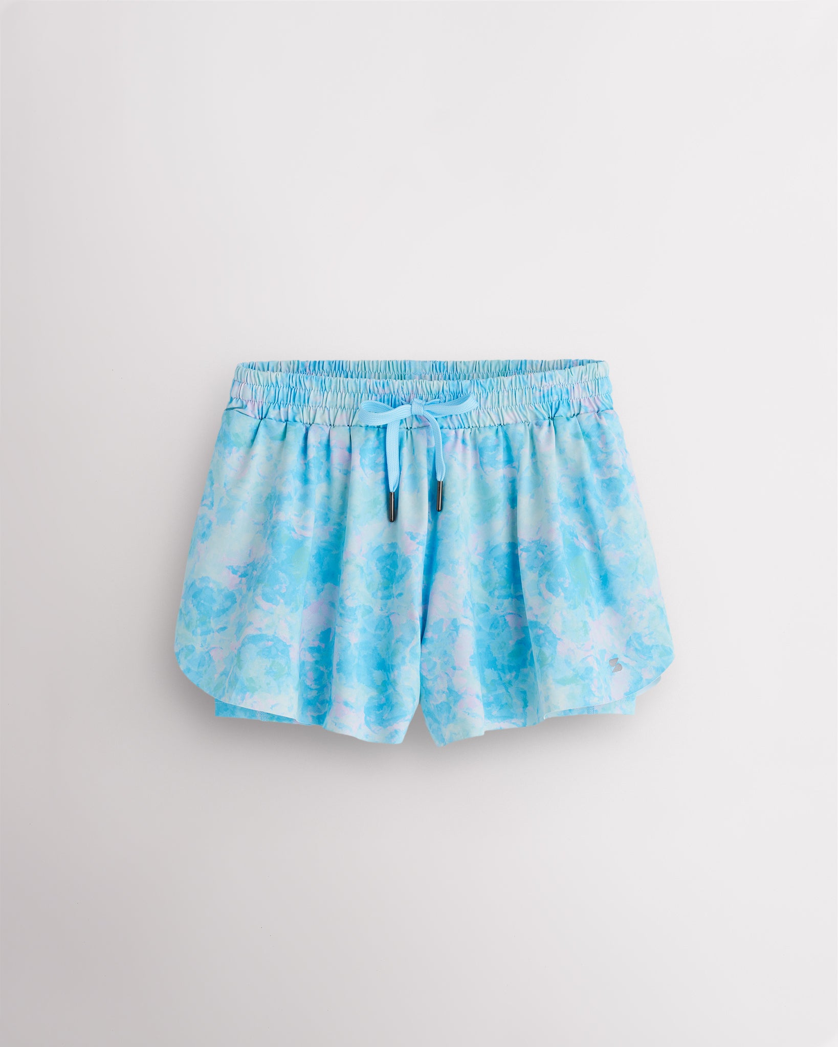 Blue Meadow girls flowy shorts with elastic waistband, pink drawstring, and layered 2-in-1 design.