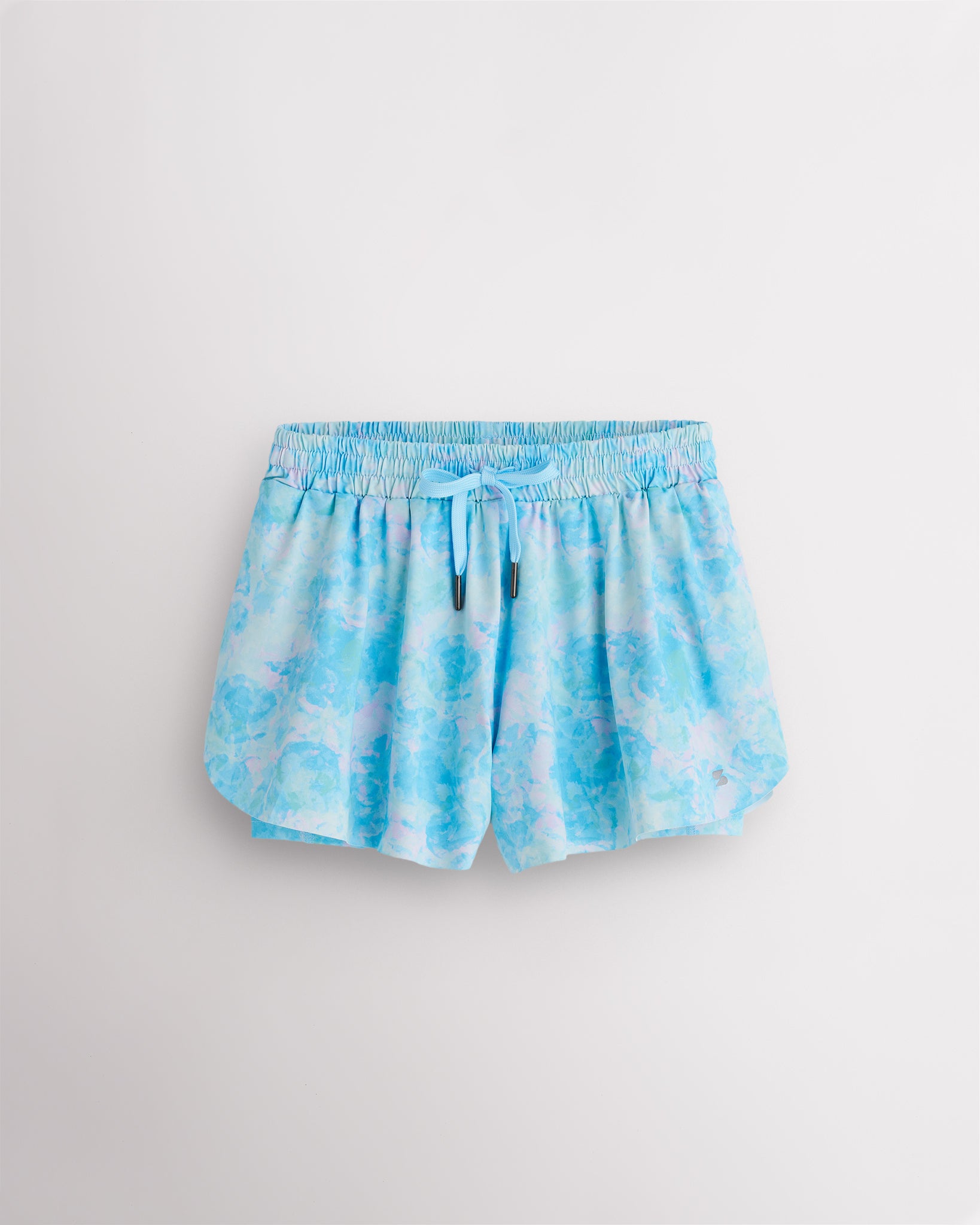 Blue Meadow girls flowy shorts with elastic waistband, pink drawstring, and layered 2-in-1 design.