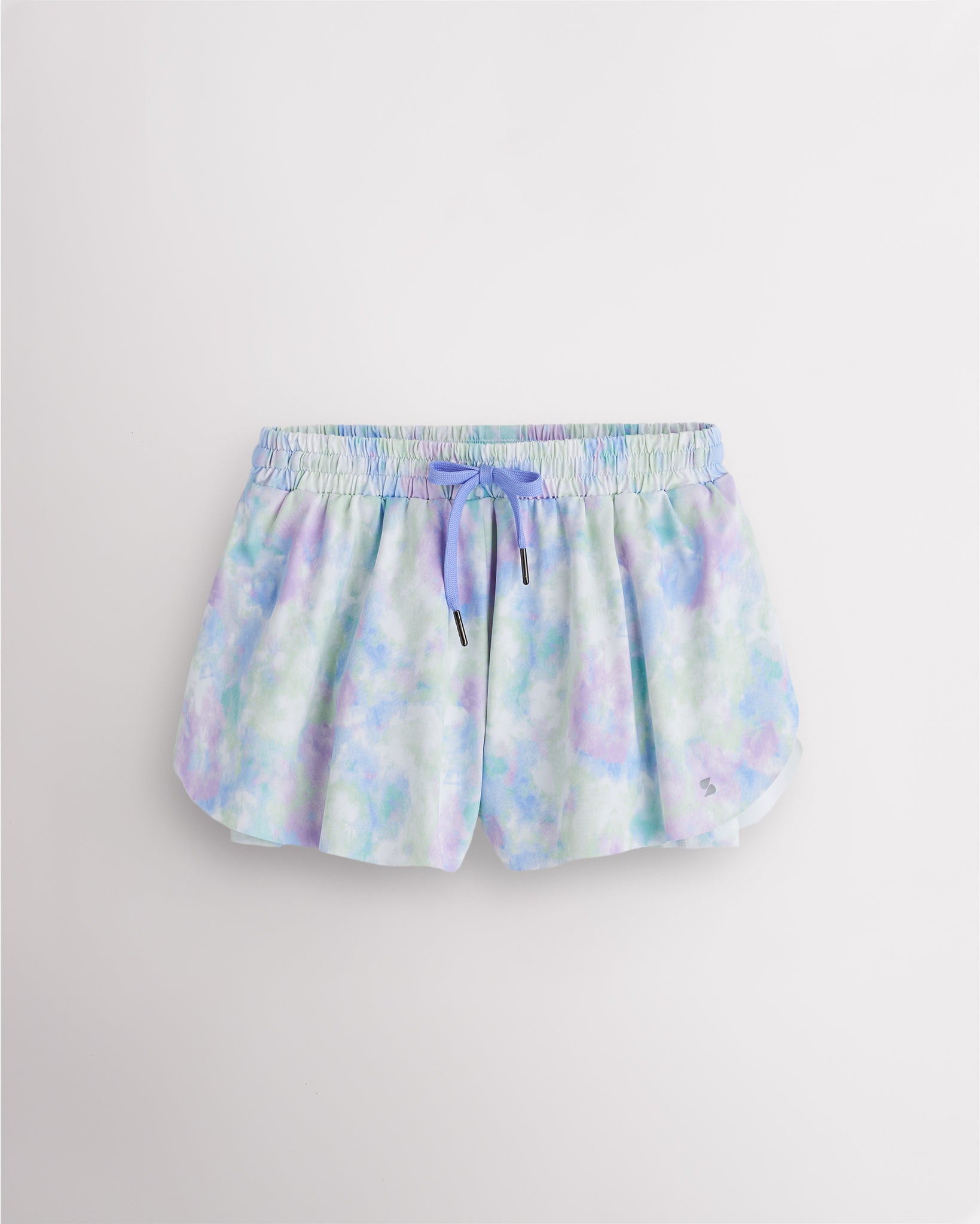 Spring Mist girls flowy shorts with elastic waistband, pink drawstring, and layered 2-in-1 design.