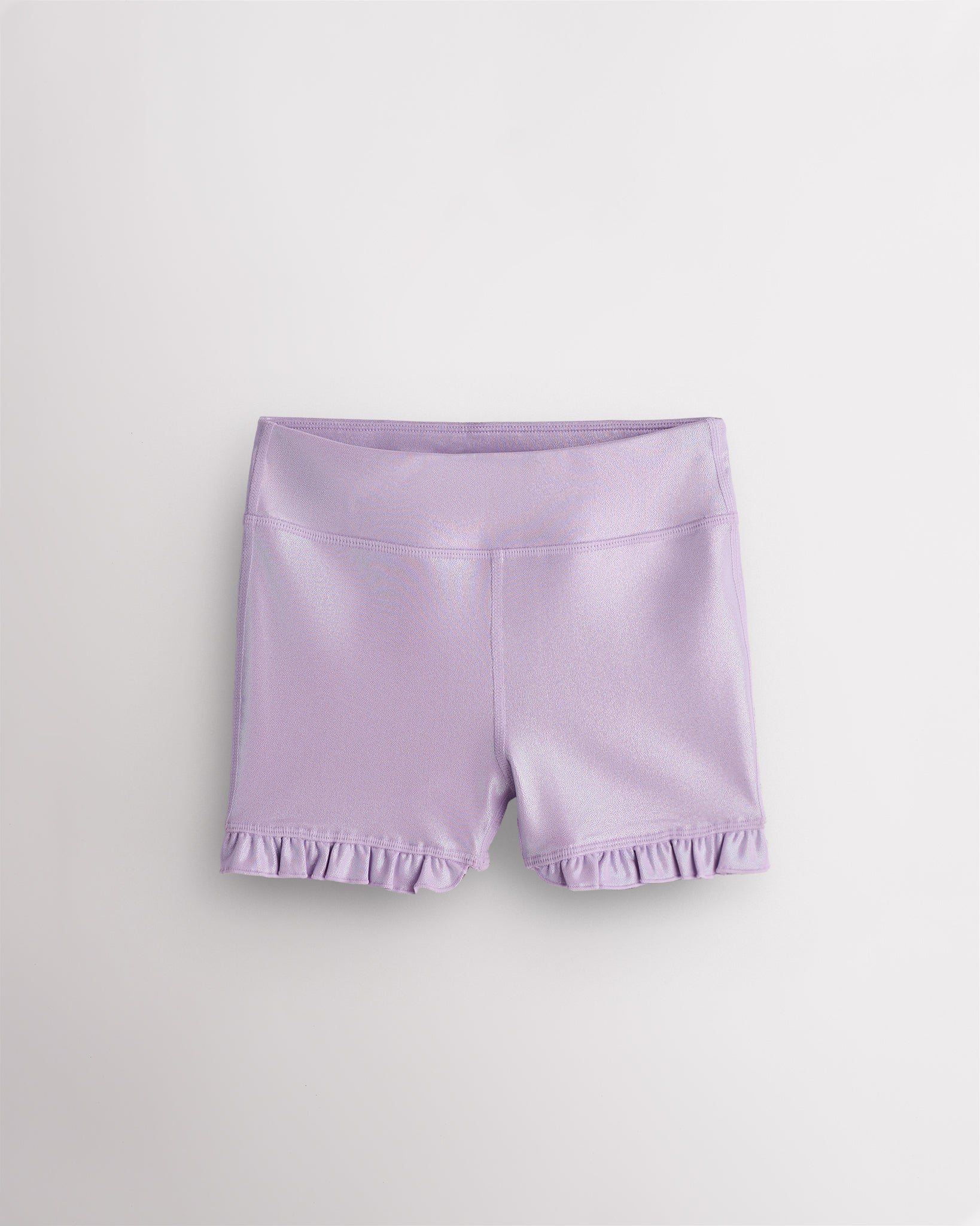 Lavender Stelle Girls Shimmer Ruffle Active Short with high-waisted fit and ruffle hem
