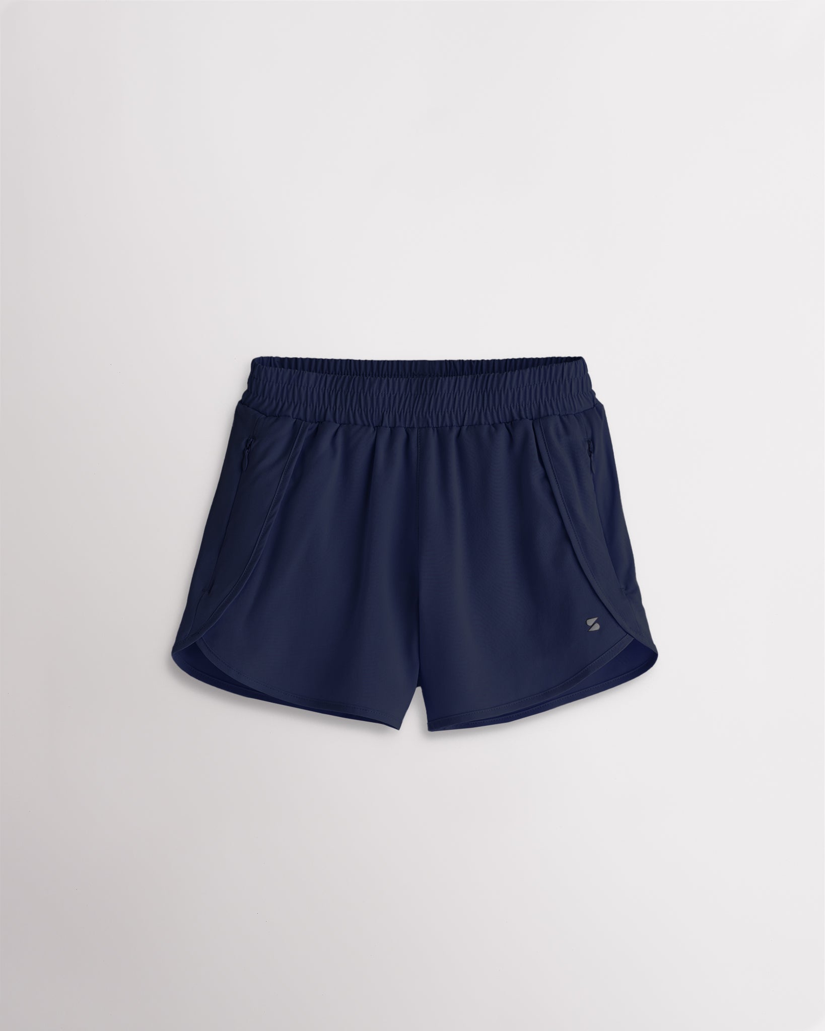 Girls navy athletic running shorts with elastic waistband, curved hem, and lightweight design.