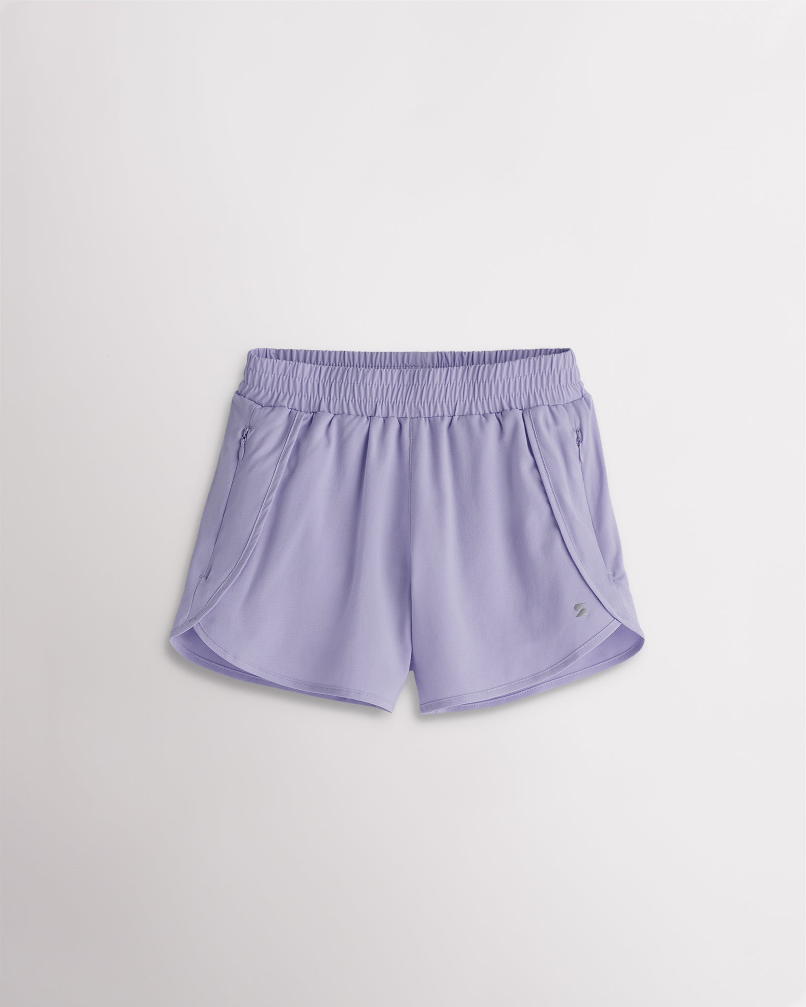 Girls purple haze athletic running shorts with elastic waistband, curved hem, and lightweight design.