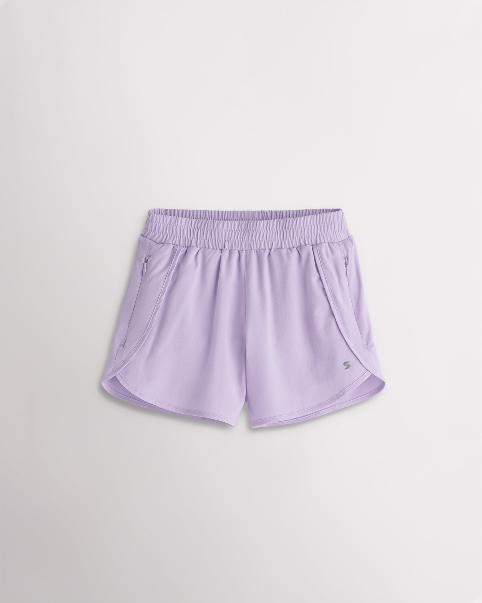 Lavender girls athletic running shorts with a high-rise fit, wide elastic waistband, 3-inch inseam, and curved hems.