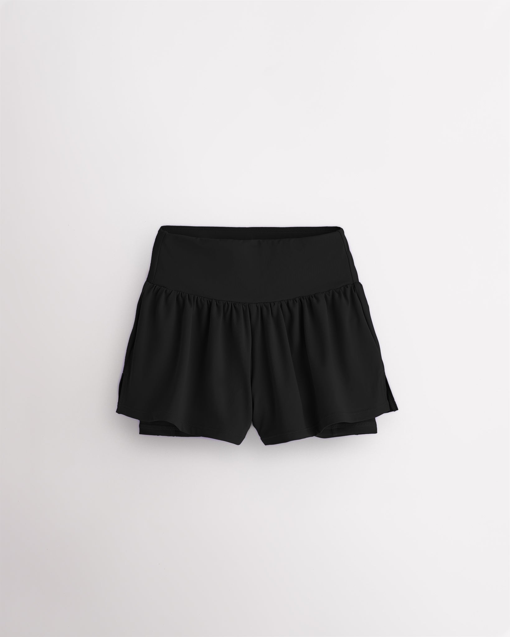 Black girls 2-in-1 high waisted shorts with flowy outer layer and built-in liner for comfort and active movement