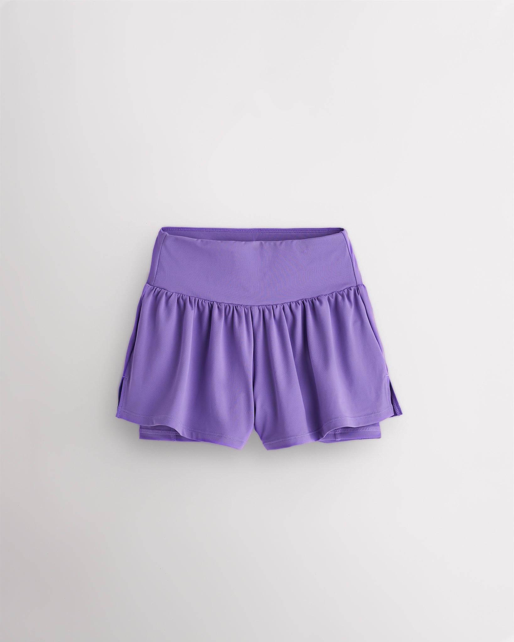 Lavender girls 2-in-1 high waisted shorts with flowy outer layer and built-in liner for comfort and active movement