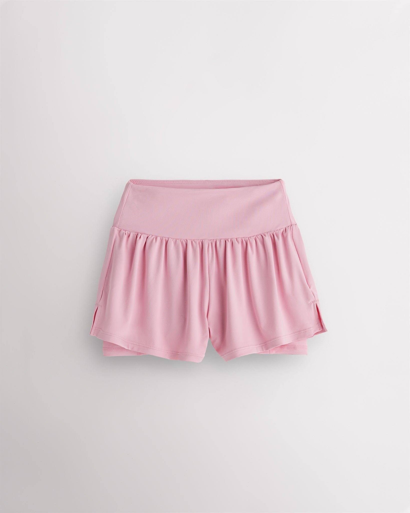 Light Pink girls 2-in-1 high waisted shorts with flowy outer layer and built-in liner for comfort and active movement