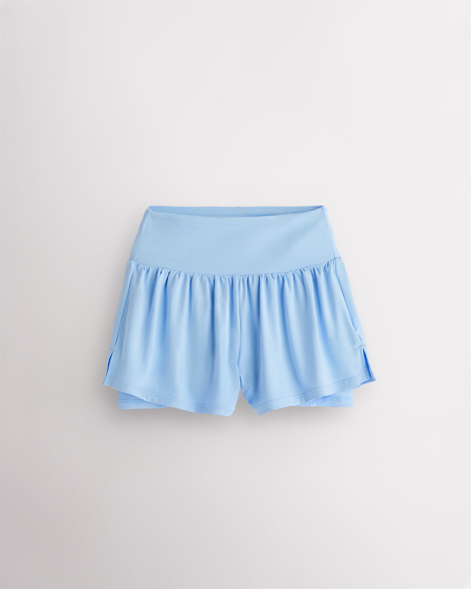 Sky Blue girls 2-in-1 high waisted shorts with flowy outer layer and built-in liner for comfort and active movement