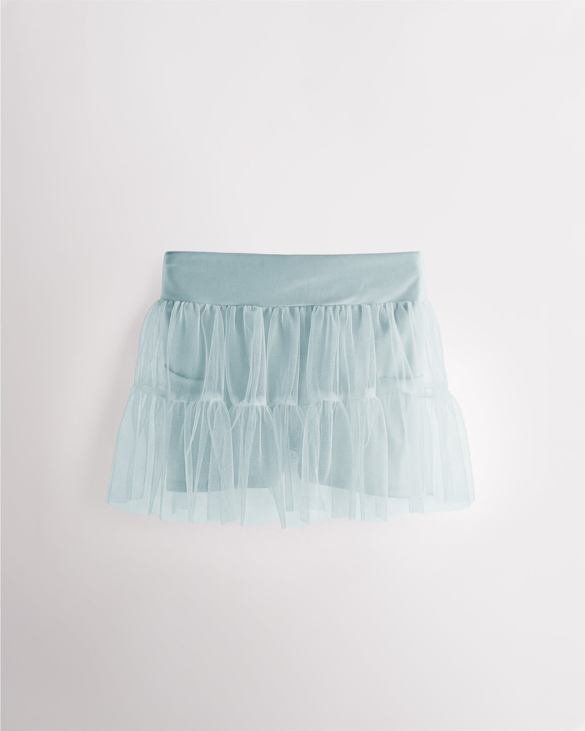 Light Blue girls layered skort with a high-waisted fit, tiered mesh skirt, and built-in shimmer shorts.