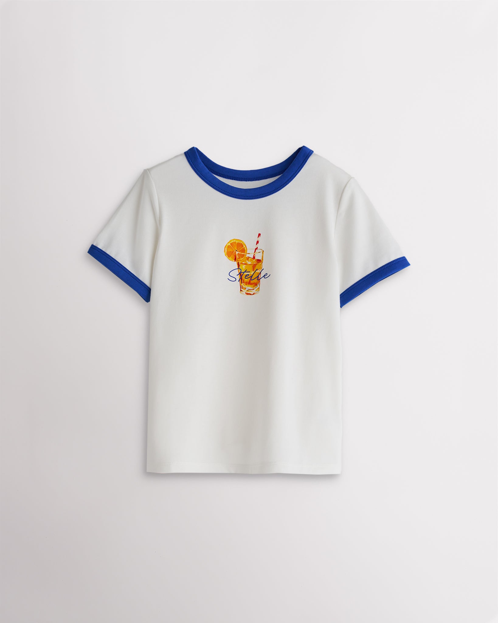 Kids white retro ringer graphic tee with blue trim and orange drink graphic, short sleeve kids t-shirt.