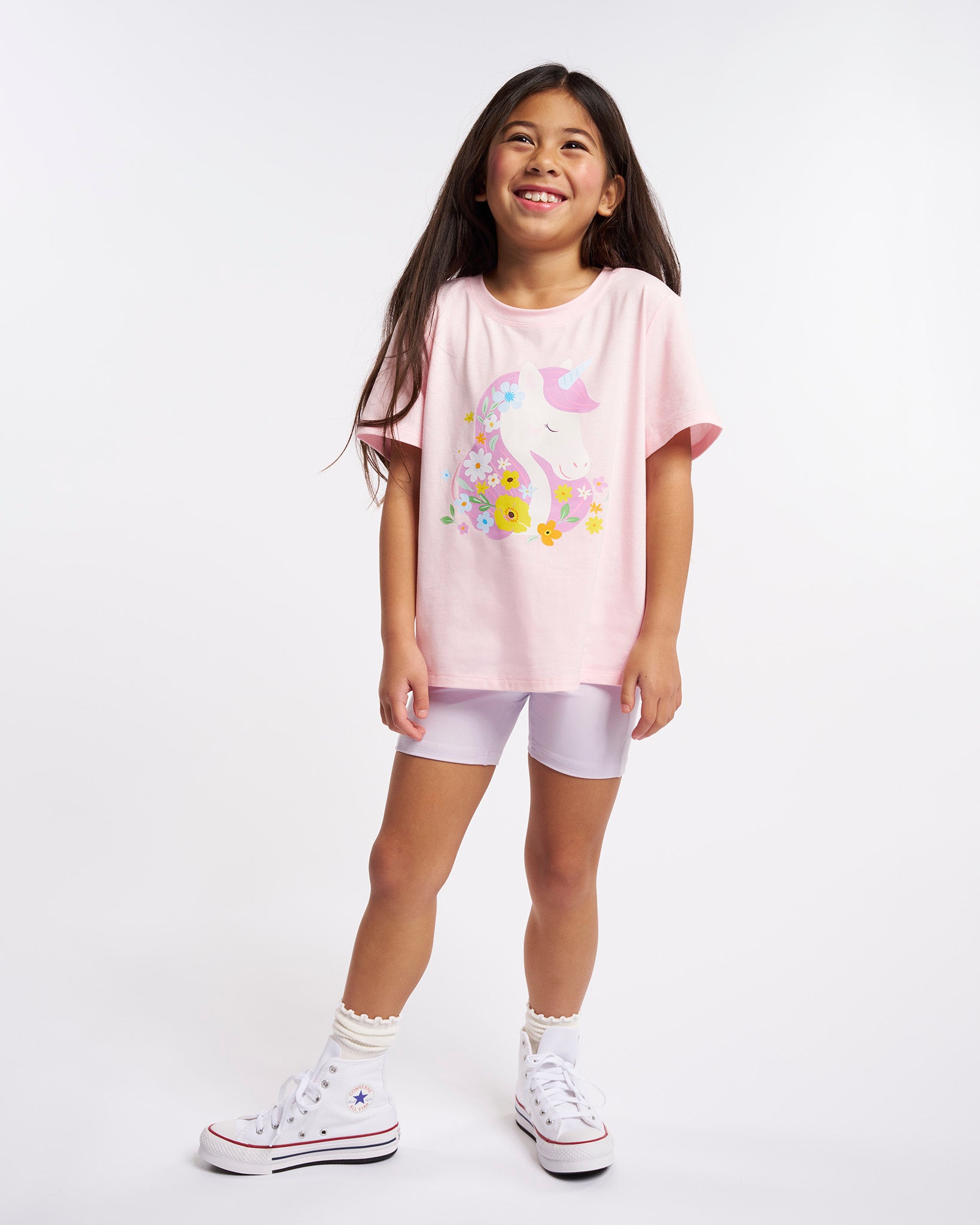 Lilac Unicorn on Pink Kids Classic Graphic T-Shirt