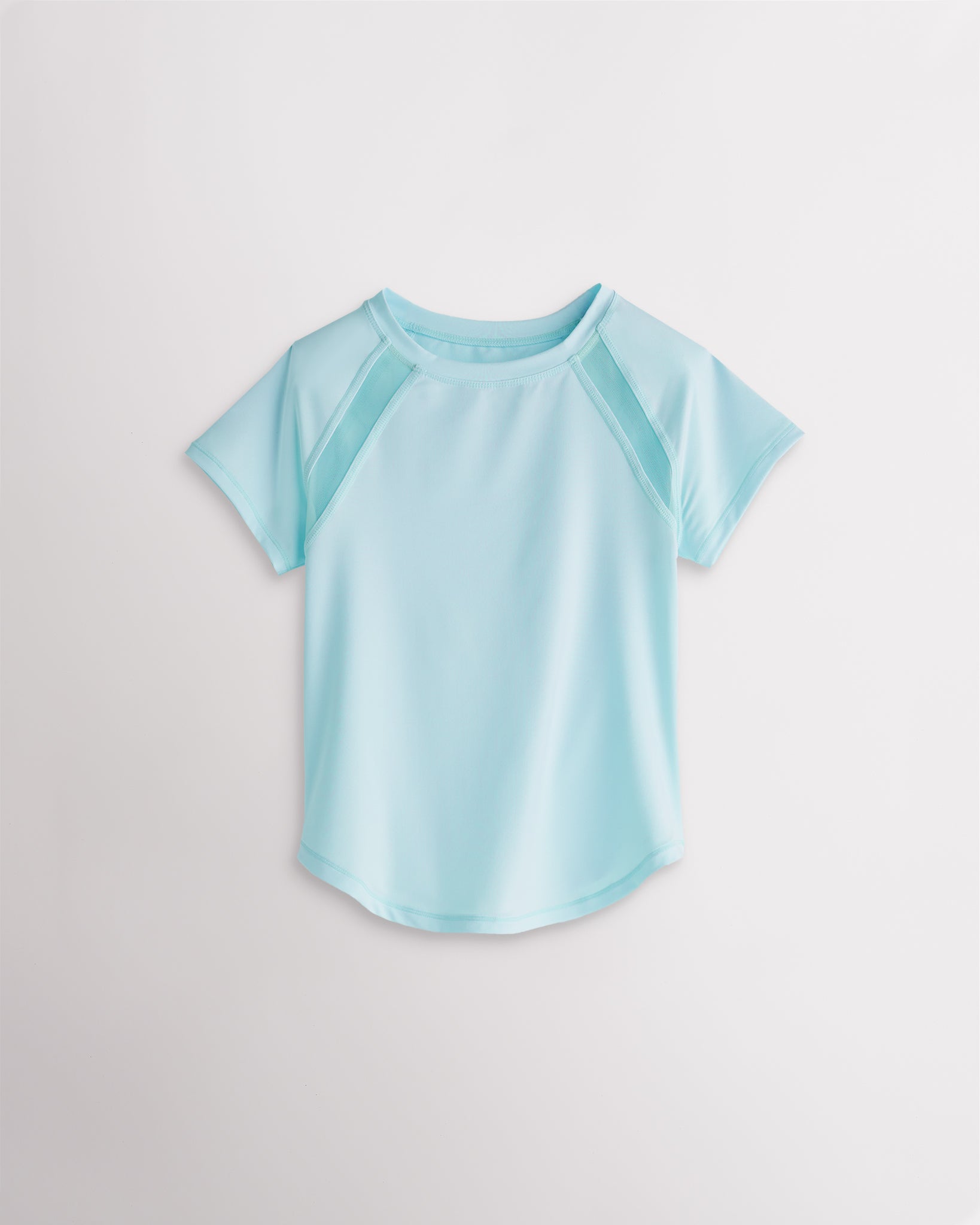 Kids aqua blue athletic t-shirt with mesh paneling and raglan sleeves, short sleeve breathable kids sports tee.