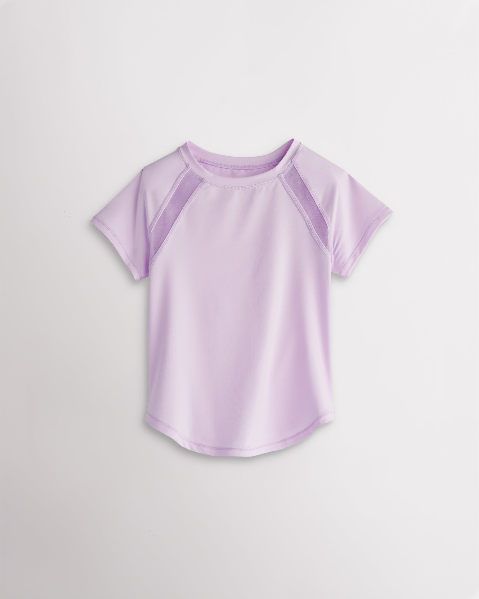 Kids light purple athletic t-shirt with mesh paneling and raglan sleeves, short sleeve breathable kids sports tee.