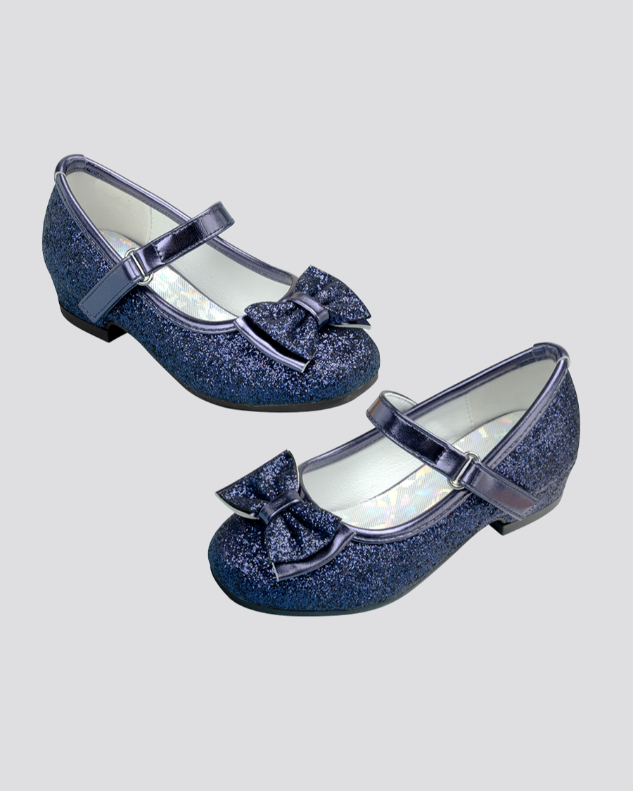 Navy Girls Glitter Mary Jane Low Heel Shoes