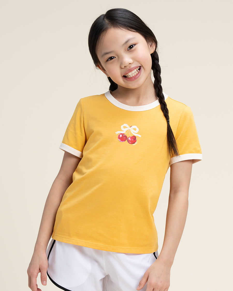 Yellow Kids Cherry Print Ringer Tee