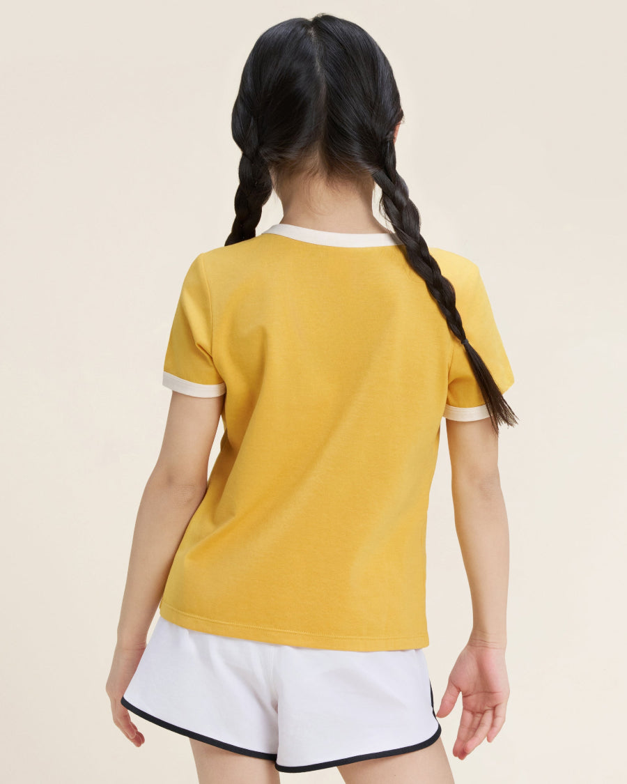Yellow Kids Cherry Print Ringer Tee