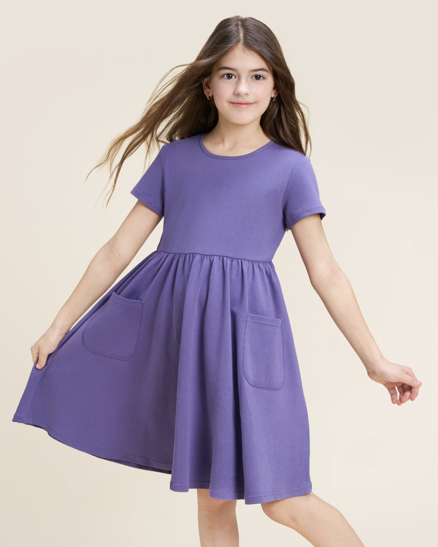 Dusty Grape Girls Short Sleeve A-Line Twirl Dress