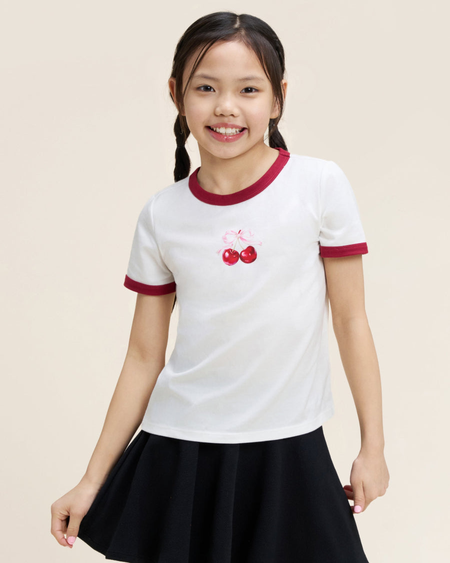 White Kids Cherry Print Ringer Tee