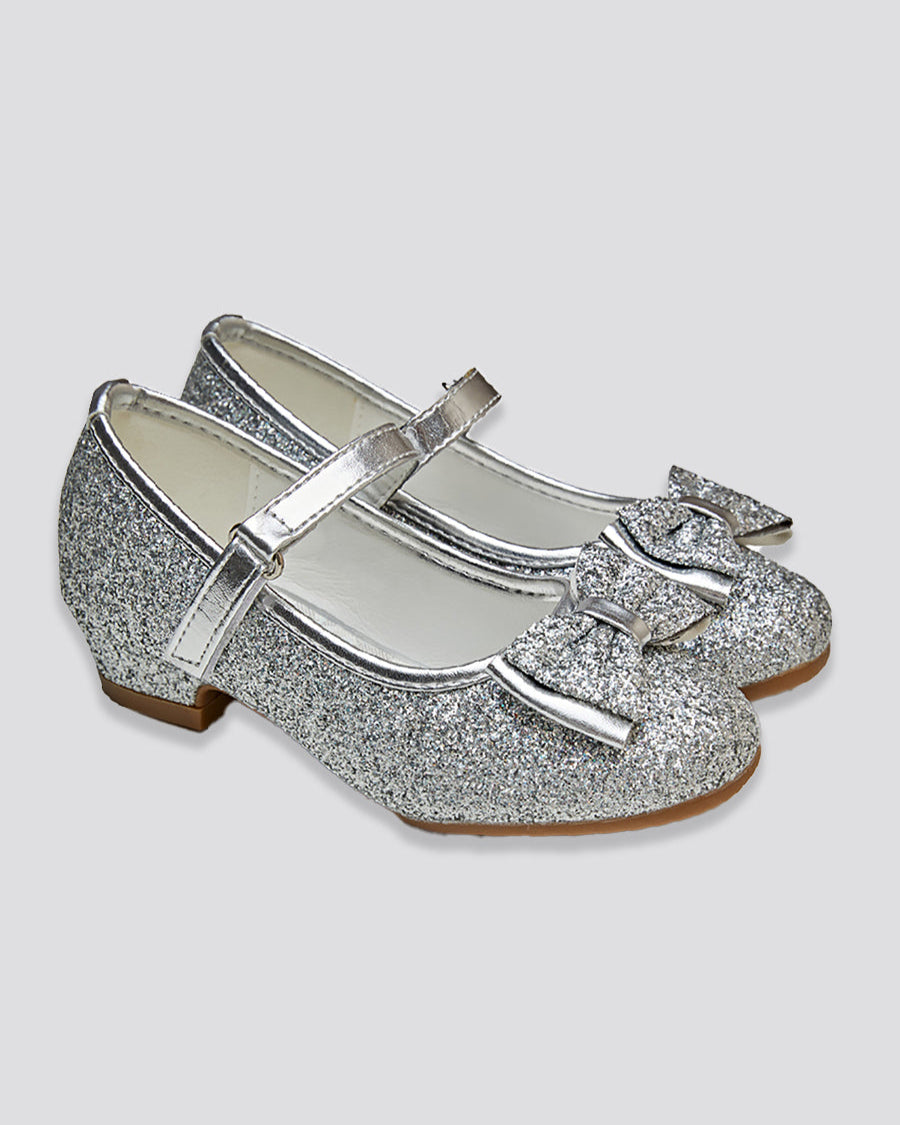 Silver Girls Glitter Mary Jane Low Heel Shoes